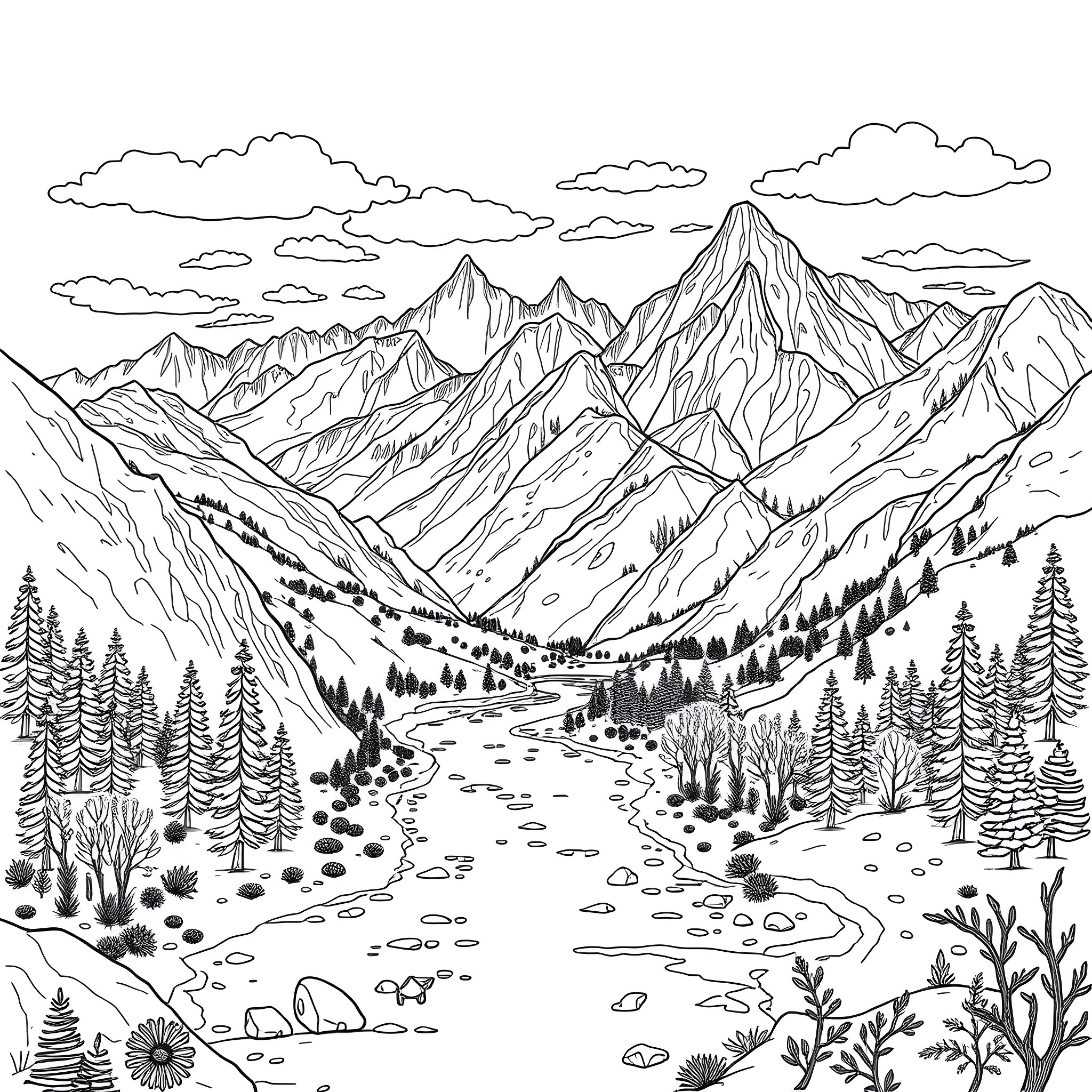 Book of Majestic Mountain Landscapes Coloring Page (free black-and-white line drawing printable PDF for all, from beginners to advanced learners, including children, teens, adults, and seniors)