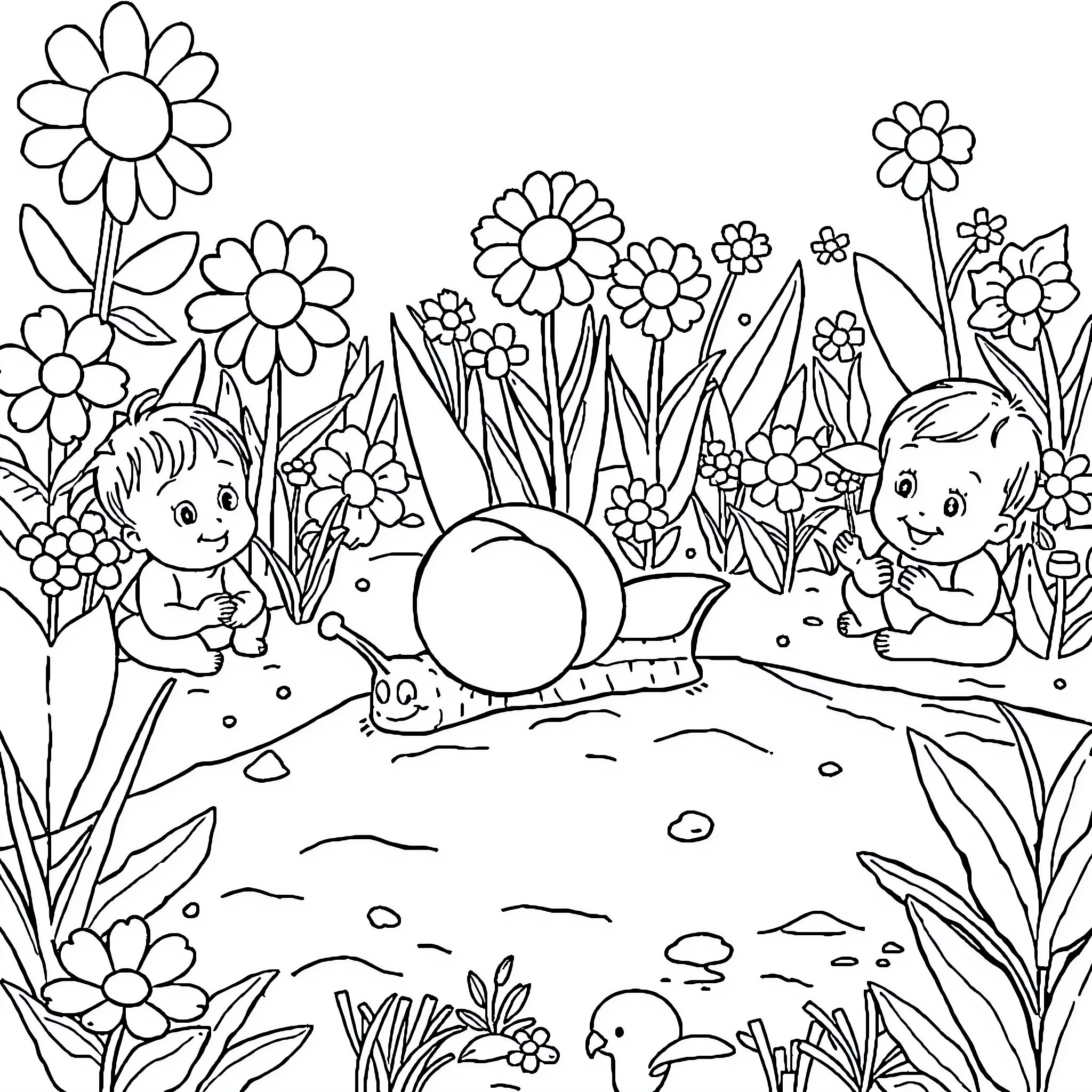 Snail exploring a whimsical garden with playful children Coloring Page (free black-and-white line drawing printable PDF for all, from beginners to advanced learners, including children, teens, adults, and seniors)