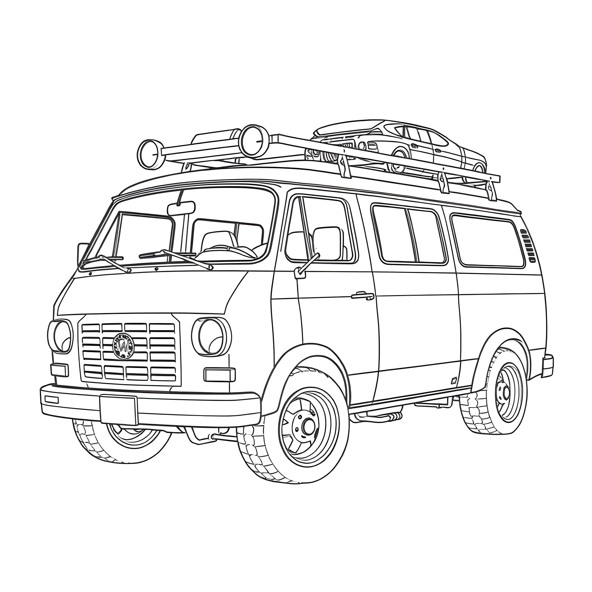 Van with adventure gear on the roof Coloring Page (free black-and-white line drawing printable PDF for all, from beginners to advanced learners, including children, teens, adults, and seniors)