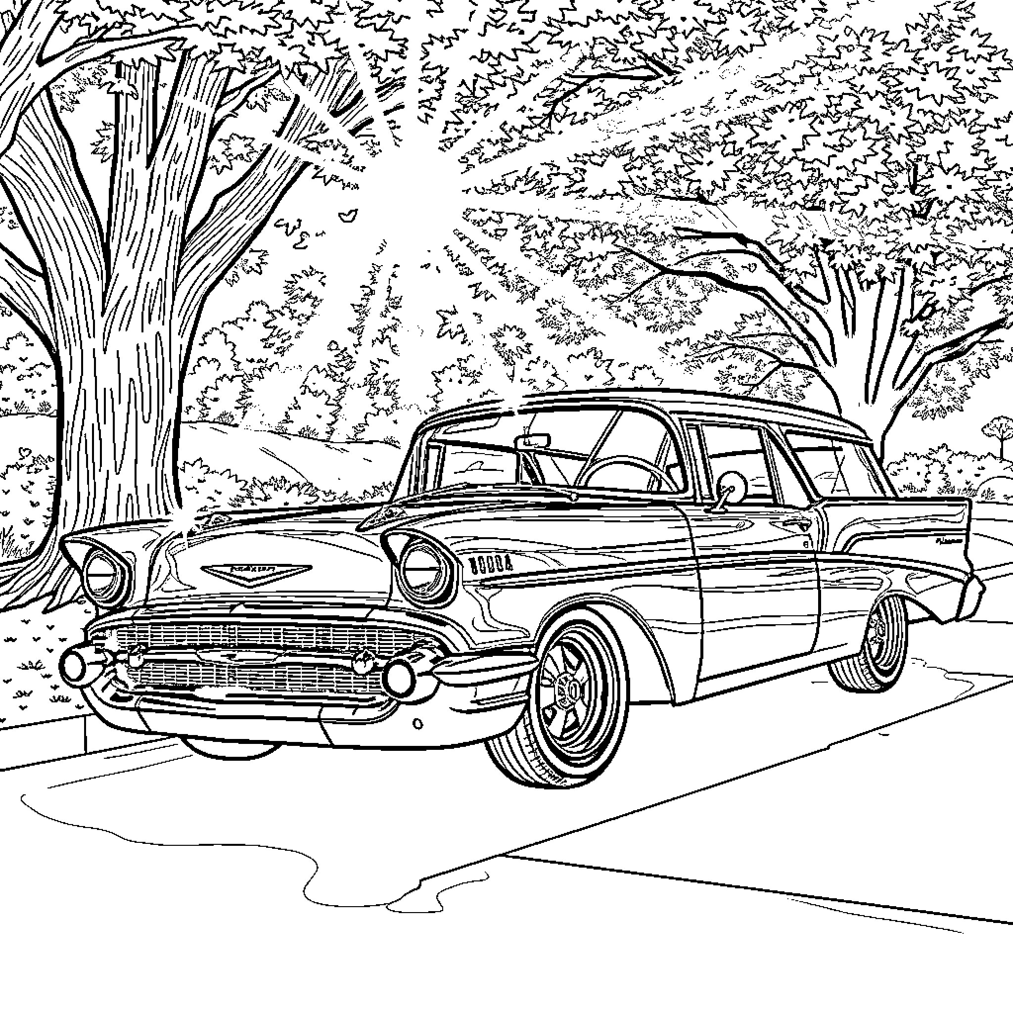 Chevy Wagon Cruising Through Countryside Coloring Page (free black-and-white line drawing printable PDF for all, from beginners to advanced learners, including children, teens, adults, and seniors)