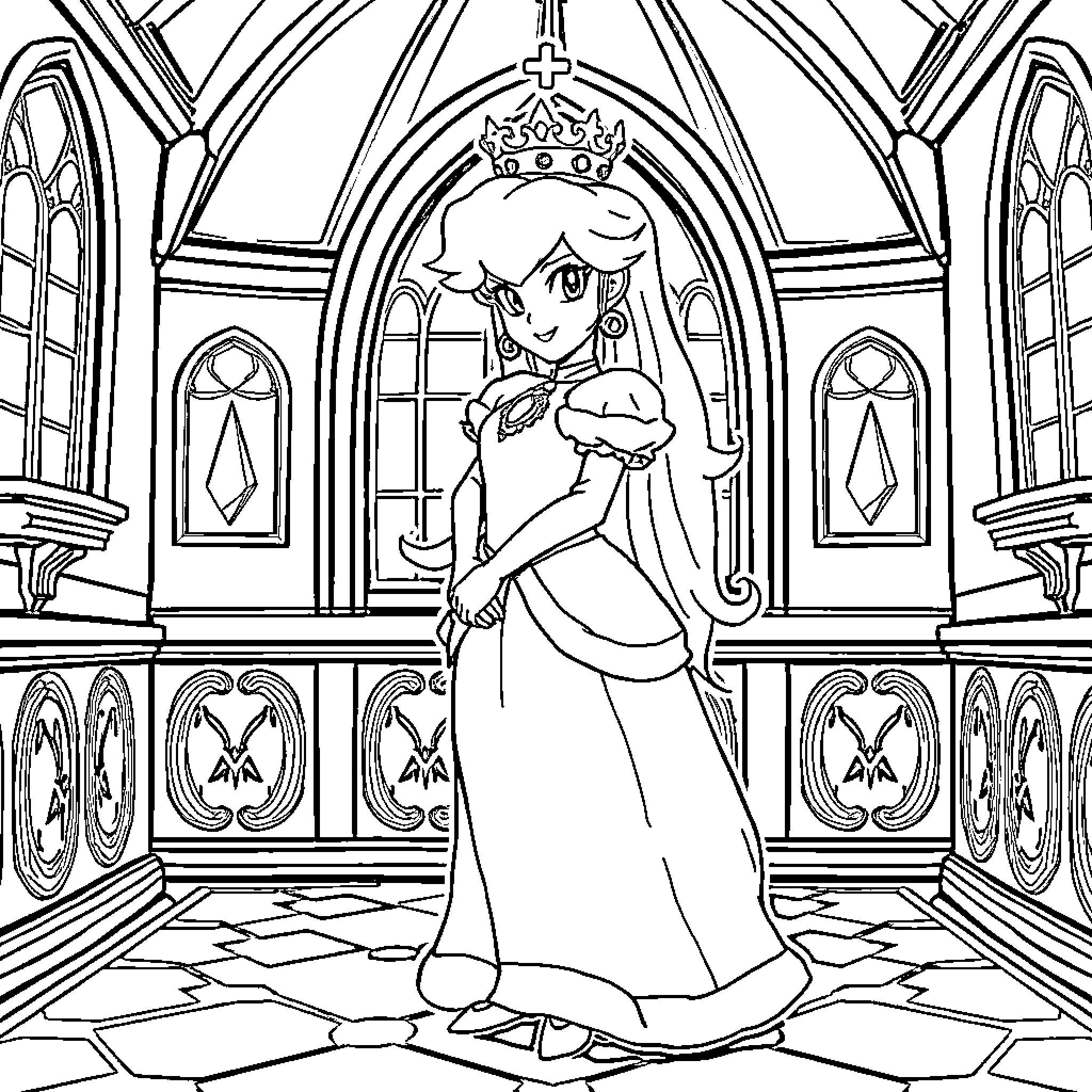 Princess Peach in a grand castle hall Coloring Page (free black-and-white line drawing printable PDF for all, from beginners to advanced learners, including children, teens, adults, and seniors)