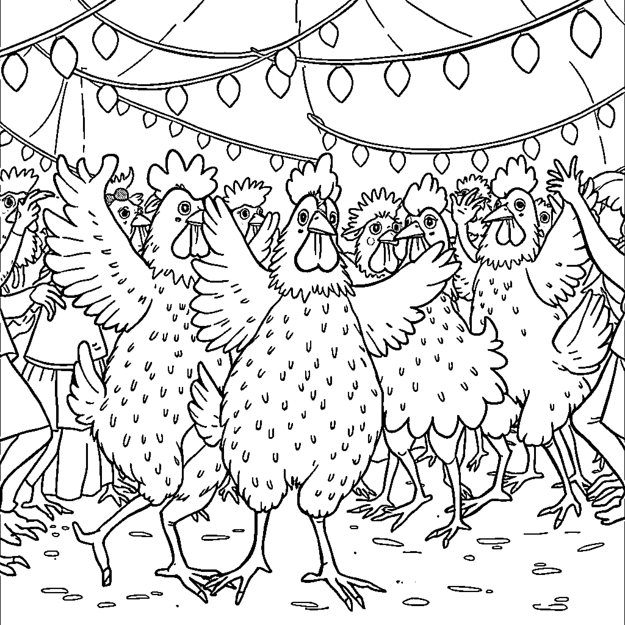 Chicken celebration under festive lighting Coloring Page (free black-and-white line drawing printable PDF for all, from beginners to advanced learners, including children, teens, adults, and seniors)