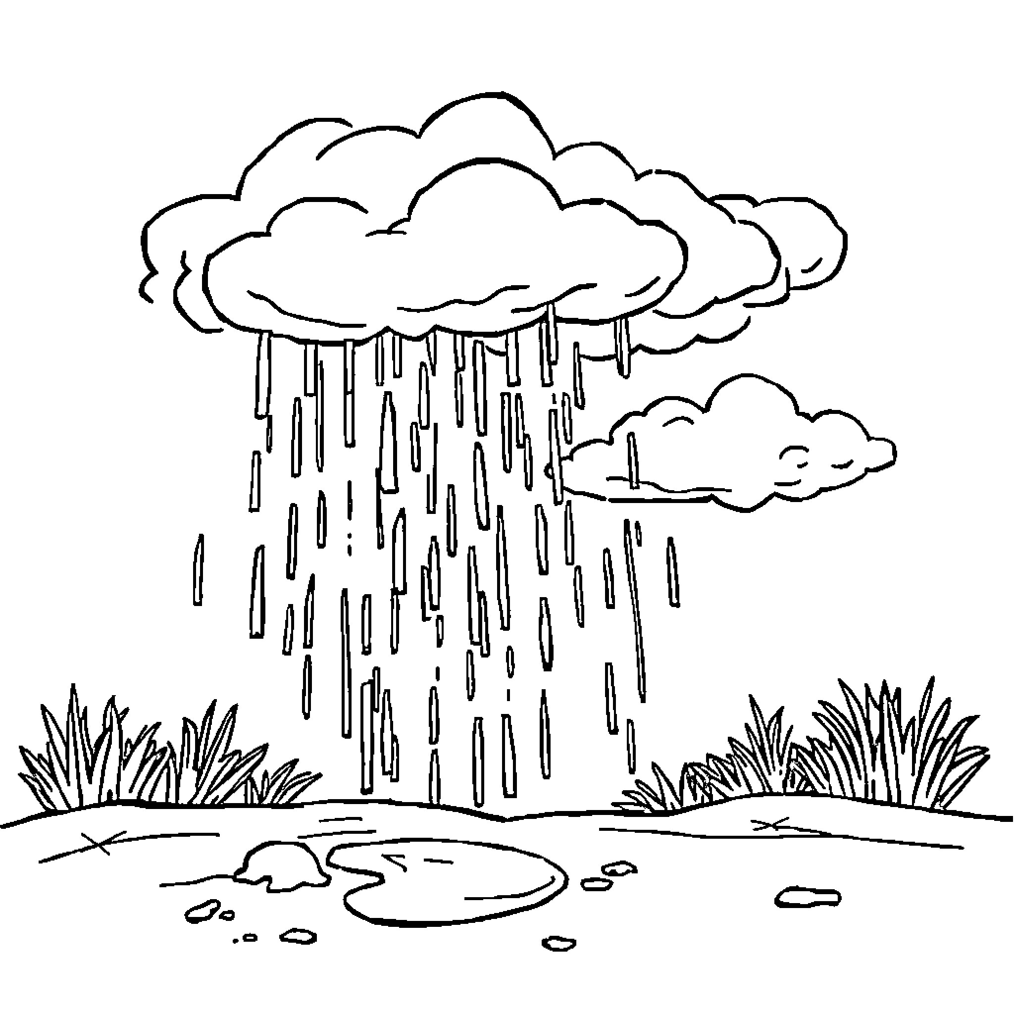 Rain pouring heavily over a puddle-filled landscape Coloring Page (free black-and-white line drawing printable PDF for all, from beginners to advanced learners, including children, teens, adults, and seniors)