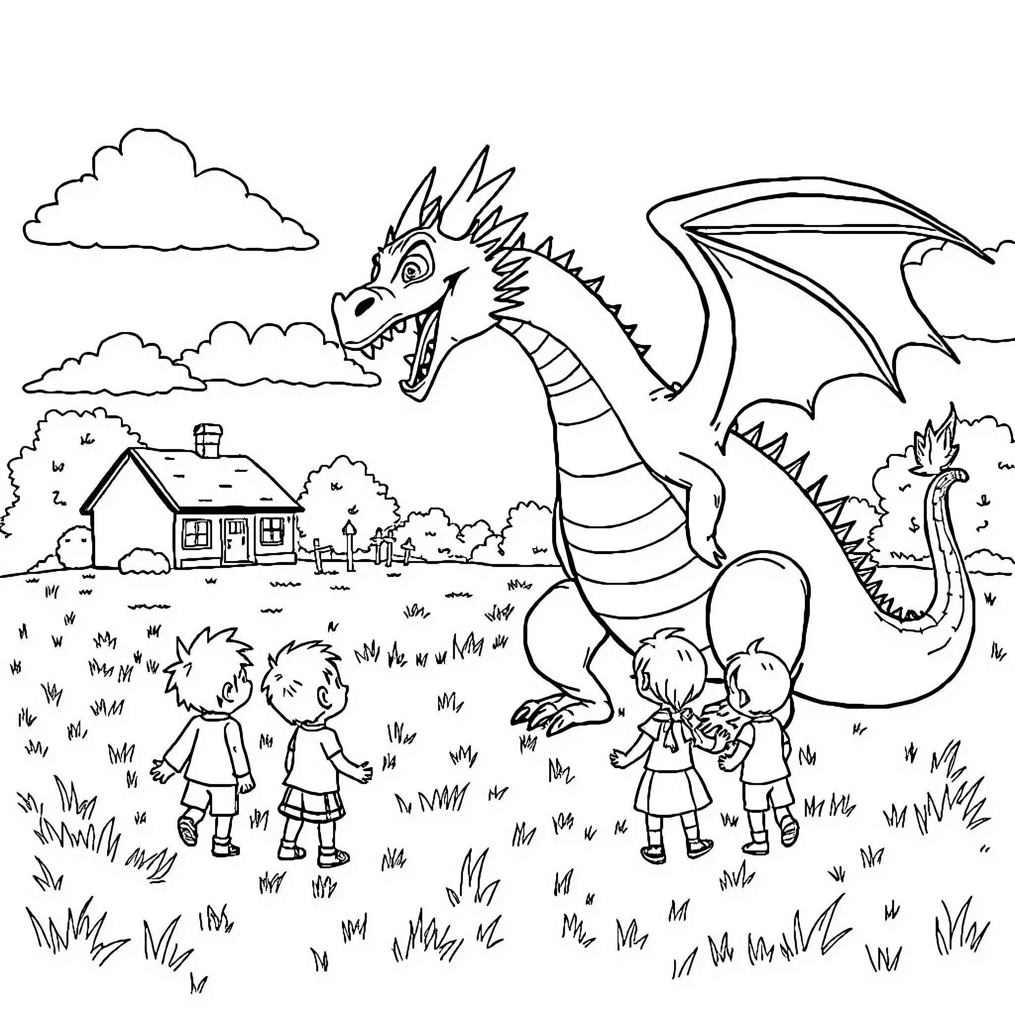 Dragon terrorizing children in a pastoral scene Coloring Page (free black-and-white line drawing printable PDF for all, from beginners to advanced learners, including children, teens, adults, and seniors)
