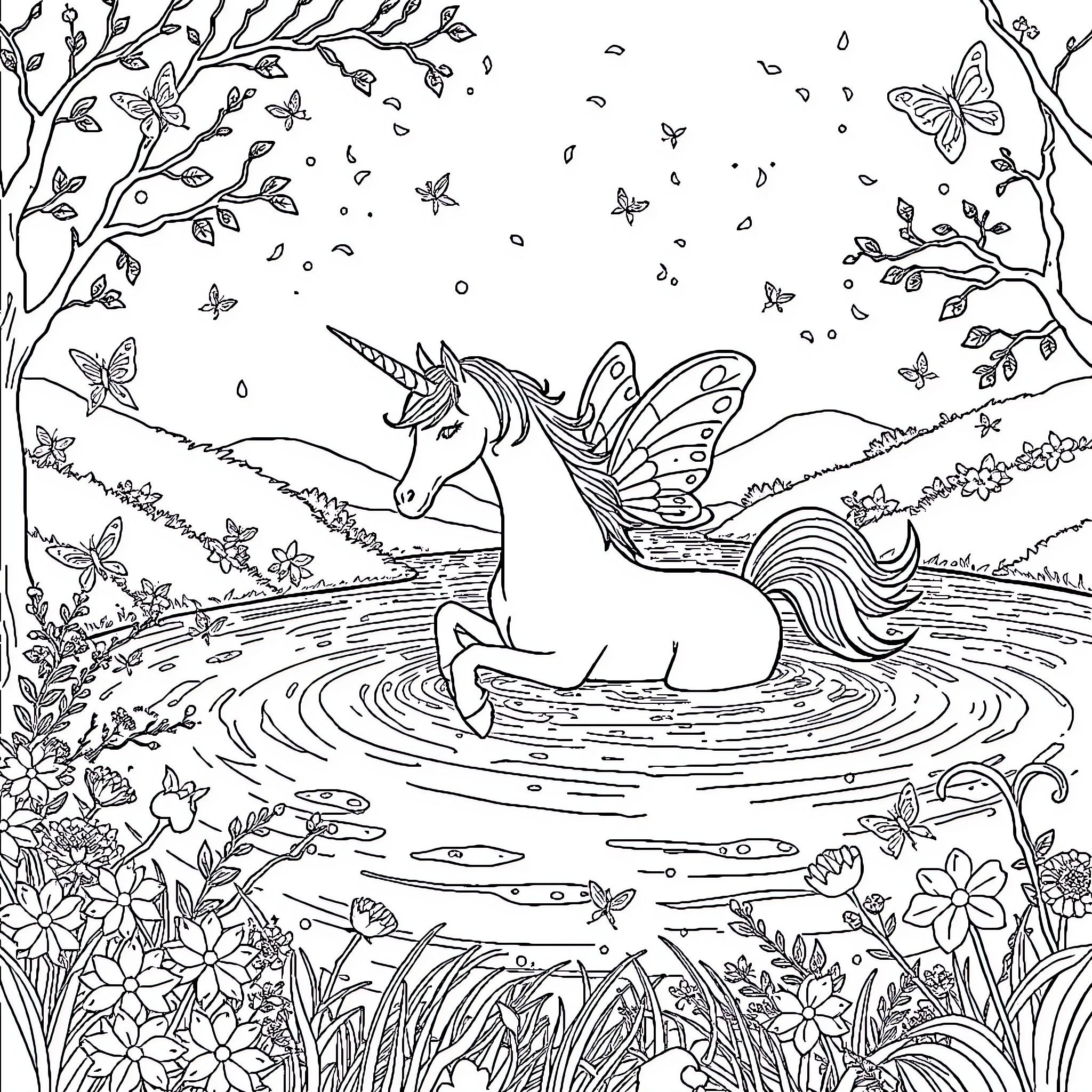 Unicorn Enchanted Meadow with Butterflies Coloring Page (free black-and-white line drawing printable PDF for all, from beginners to advanced learners, including children, teens, adults, and seniors)