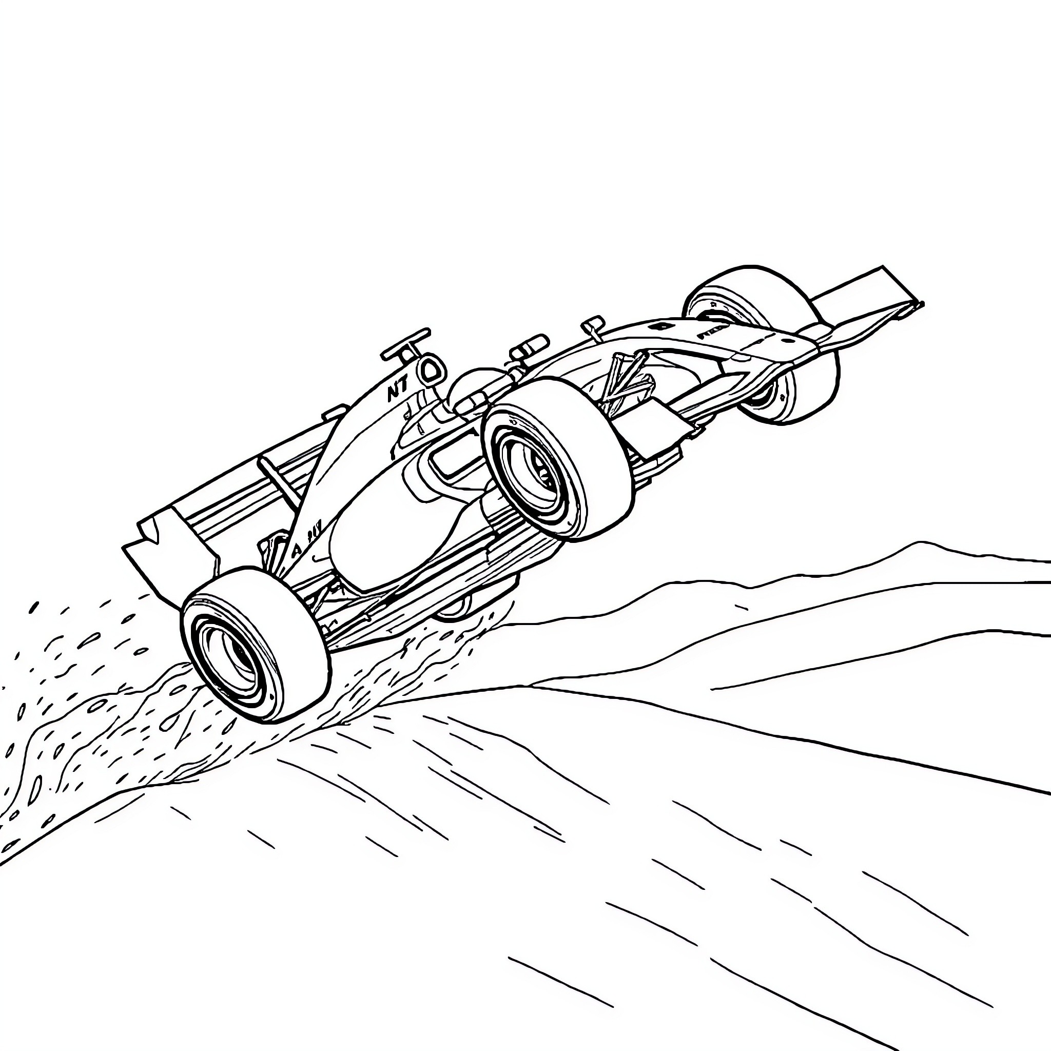 Formula 1 Car Speeding Through the Track Coloring Page (free black-and-white line drawing printable PDF for all, from beginners to advanced learners, including children, teens, adults, and seniors)