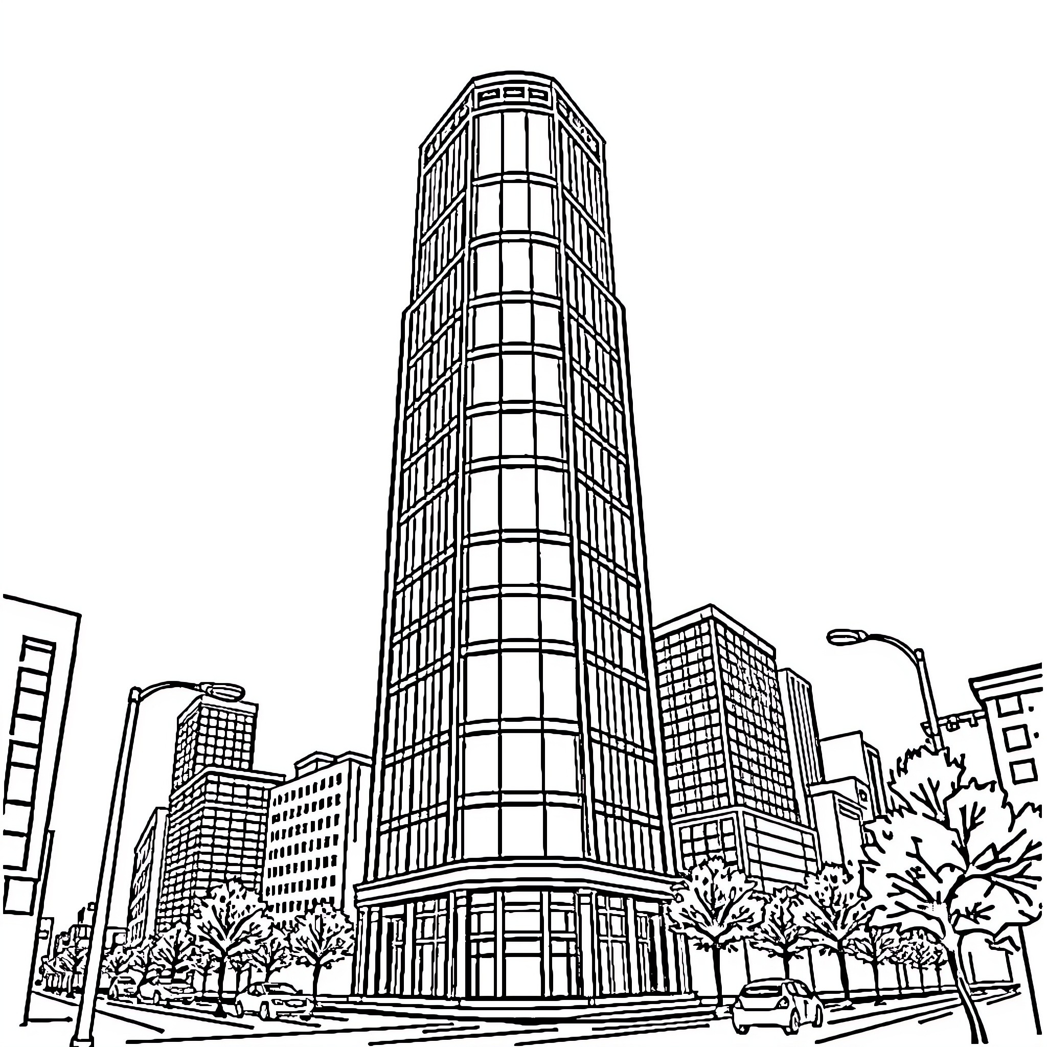 Building with unique architectural design in urban landscape Coloring Page (free black-and-white line drawing printable PDF for all, from beginners to advanced learners, including children, teens, adults, and seniors)