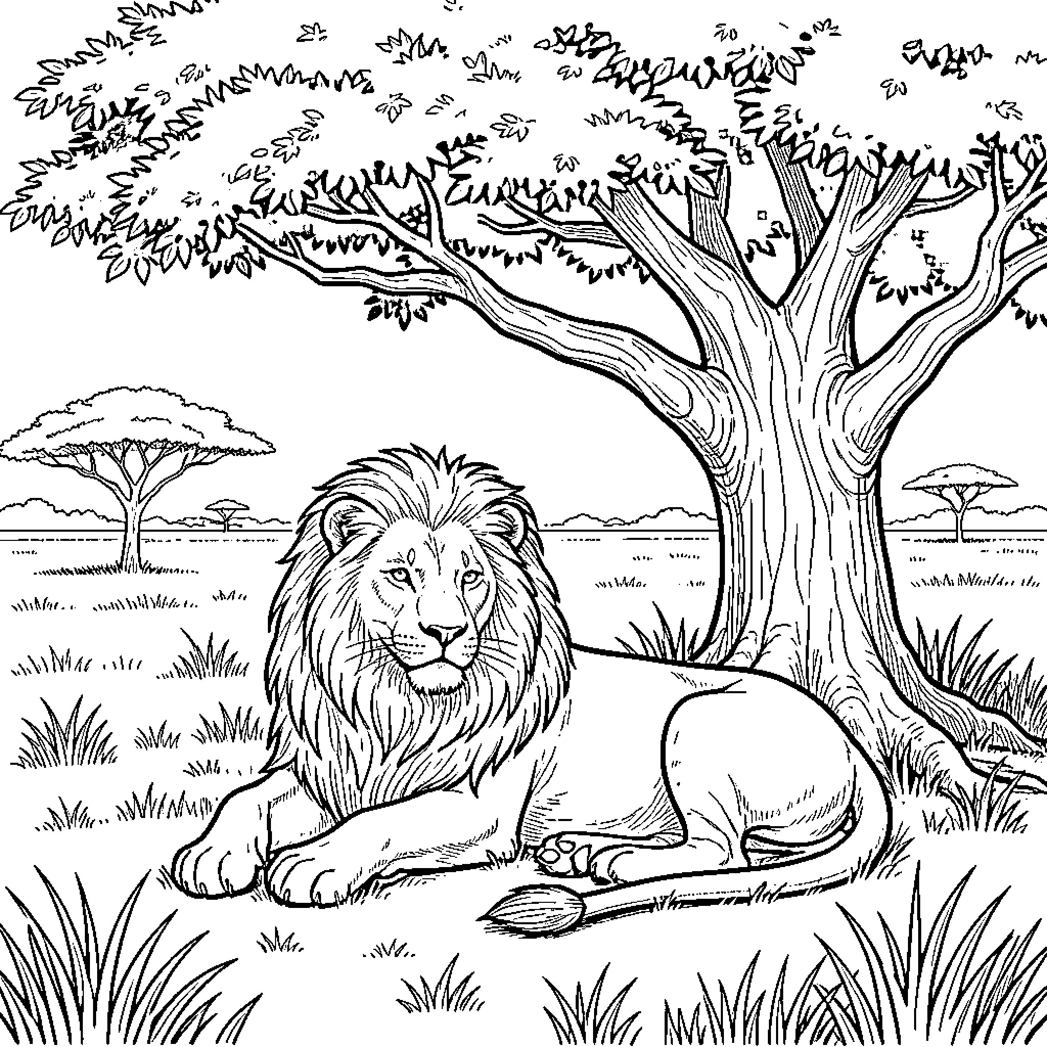 Lion resting peacefully under a large tree Coloring Page (free black-and-white line drawing printable PDF for all, from beginners to advanced learners, including children, teens, adults, and seniors)