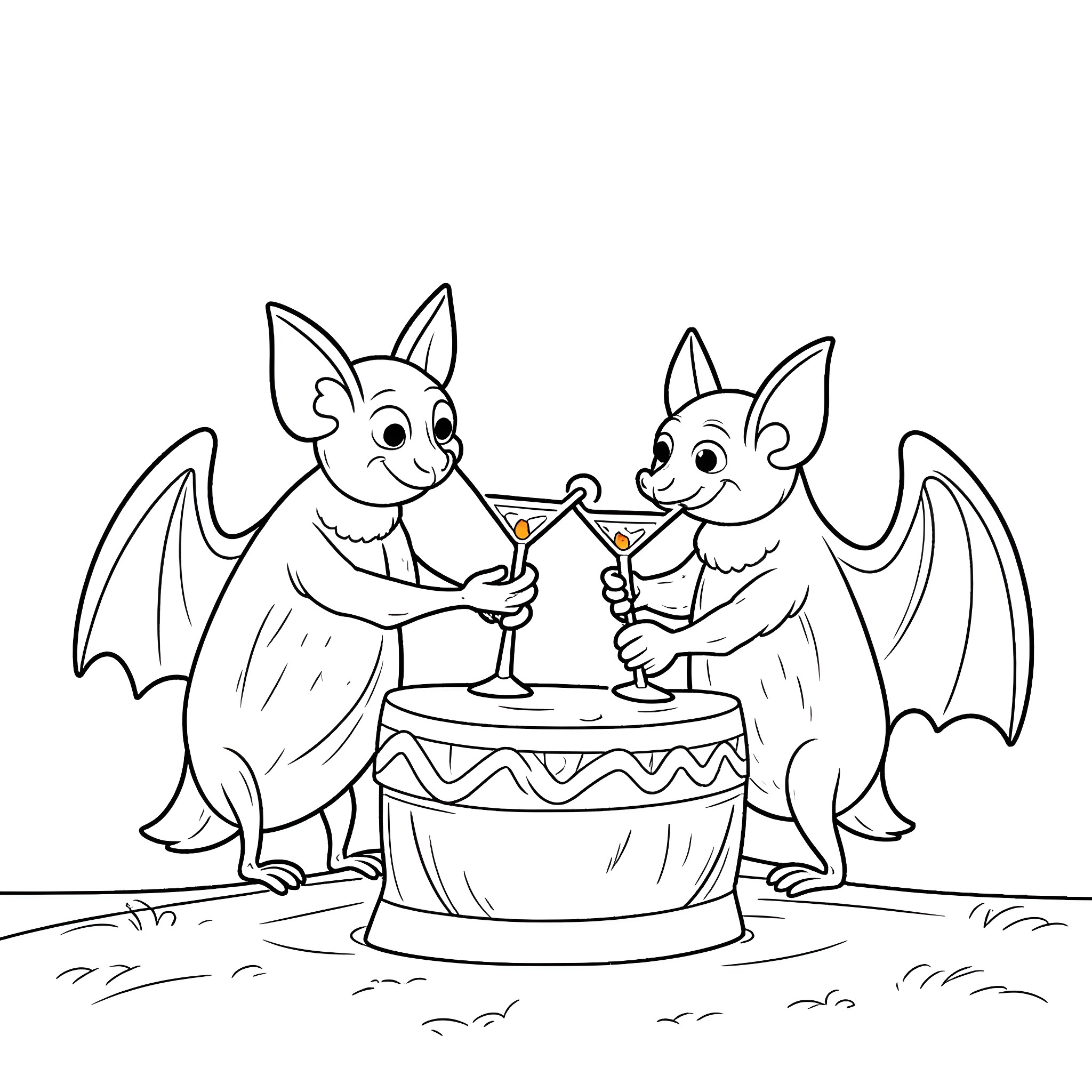 Bats celebrating a special occasion with drinks Coloring Page (free black-and-white line drawing printable PDF for all, from beginners to advanced learners, including children, teens, adults, and seniors)
