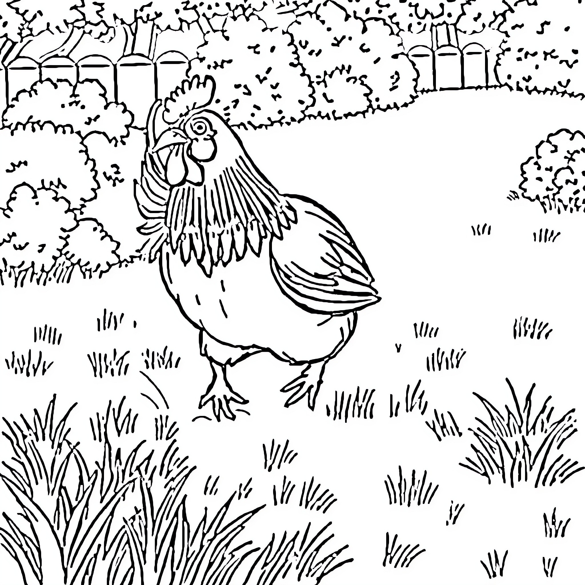 Chicken standing proudly in the countryside Coloring Page (free black-and-white line drawing printable PDF for all, from beginners to advanced learners, including children, teens, adults, and seniors)