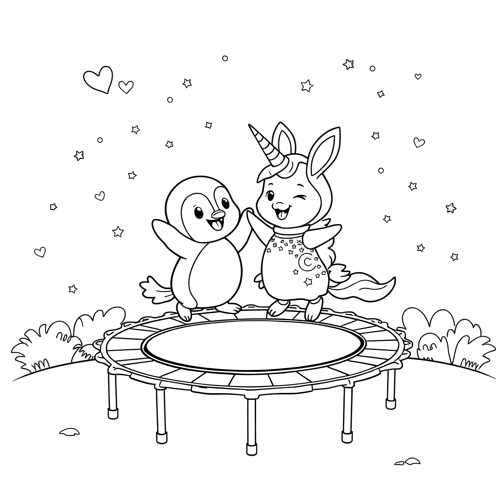 Bingo friends enjoying trampoline fun Coloring Page (free black-and-white line drawing printable PDF for all, from beginners to advanced learners, including children, teens, adults, and seniors)