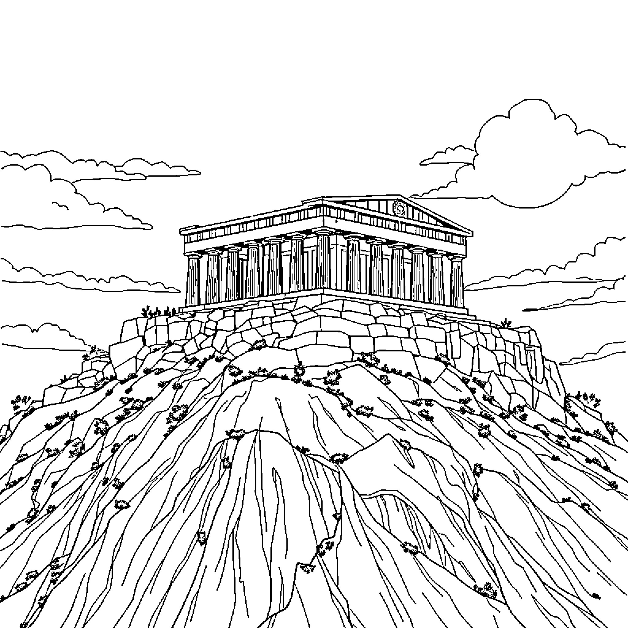 Acropolis temple on a rocky hilltop Coloring Page (free black-and-white line drawing printable PDF for all, from beginners to advanced learners, including children, teens, adults, and seniors)