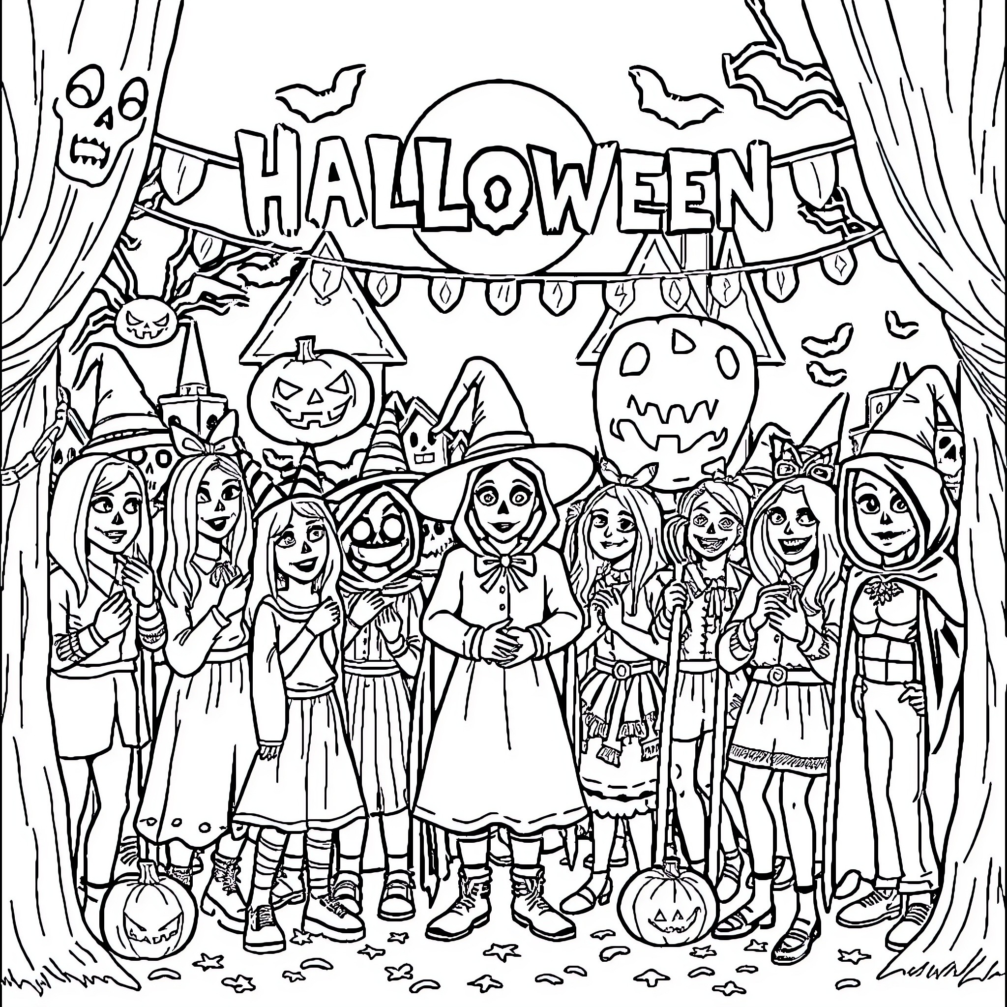 Halloween Trick-or-Treat Gathering with Costumed Characters Coloring Page (free black-and-white line drawing printable PDF for all, from beginners to advanced learners, including children, teens, adults, and seniors)