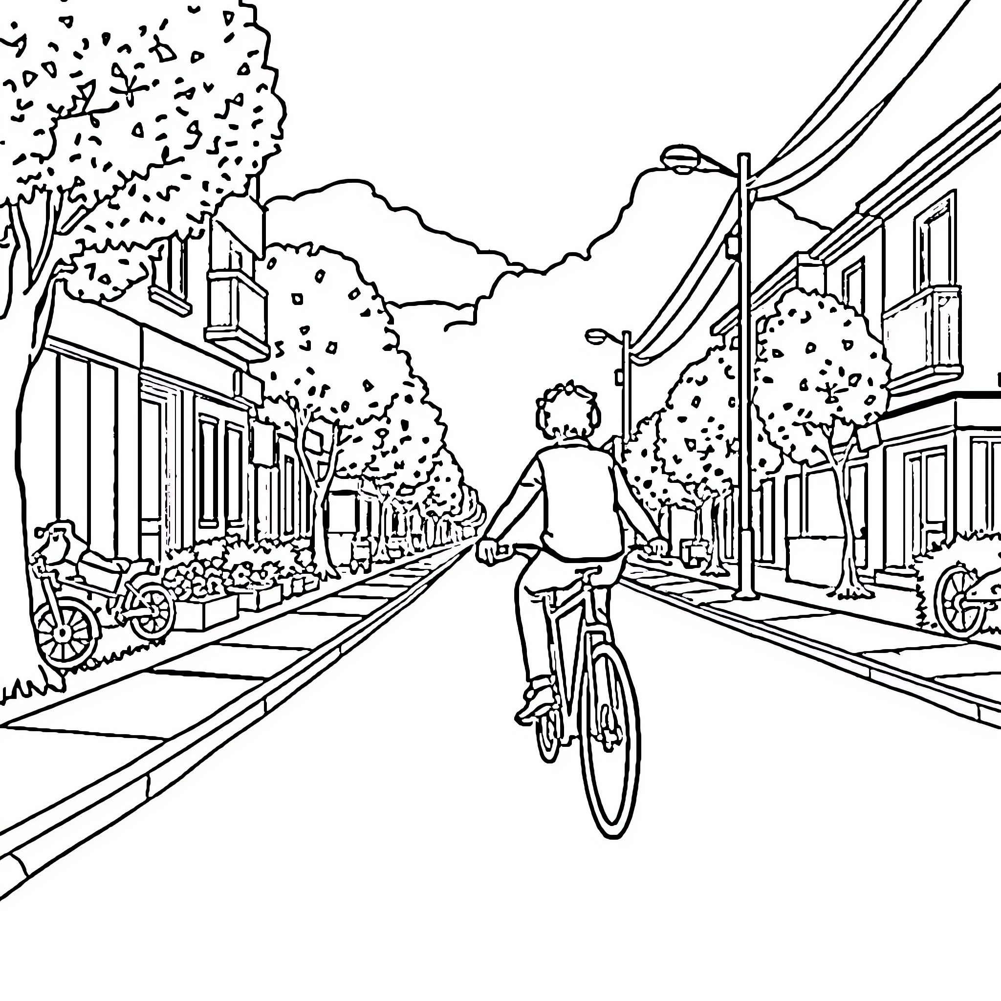 Skeleton riding a bicycle through a scenic town Coloring Page (free black-and-white line drawing printable PDF for all, from beginners to advanced learners, including children, teens, adults, and seniors)