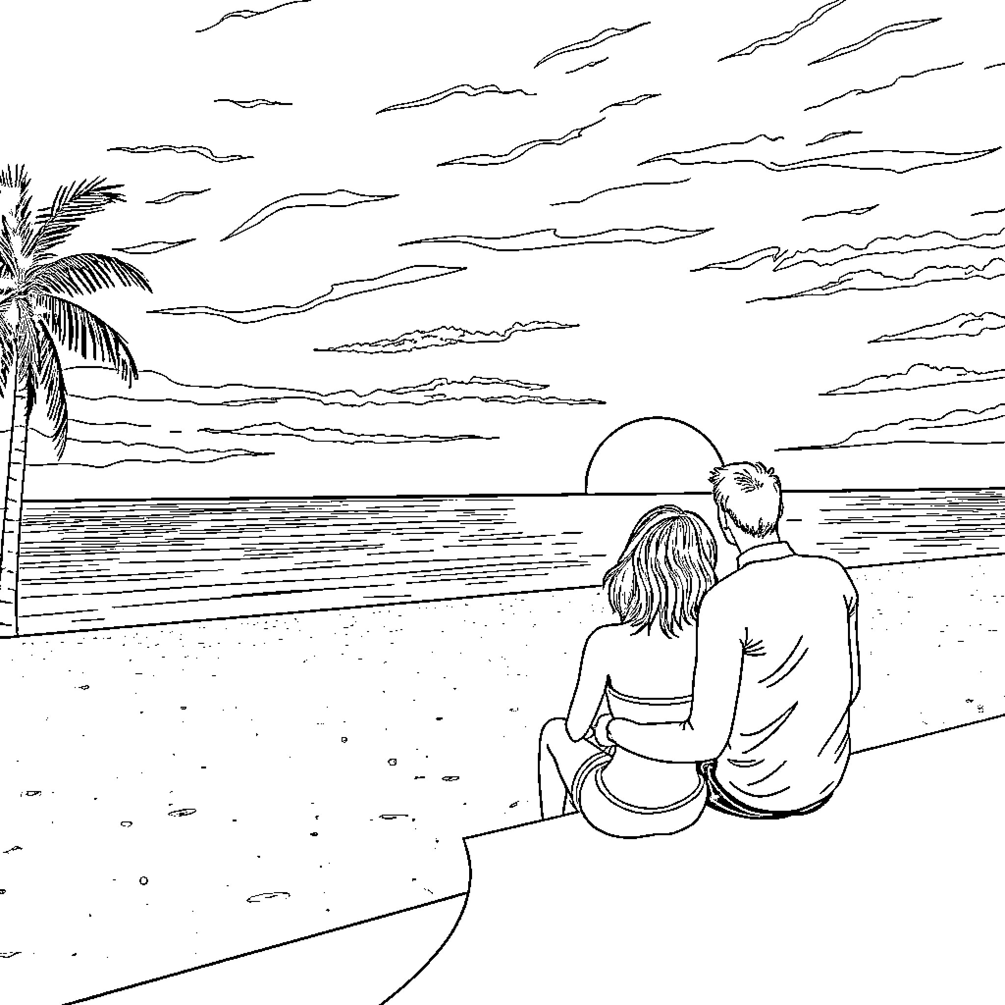 Couple watching sunset on the beach Coloring Page (free black-and-white line drawing printable PDF for all, from beginners to advanced learners, including children, teens, adults, and seniors)