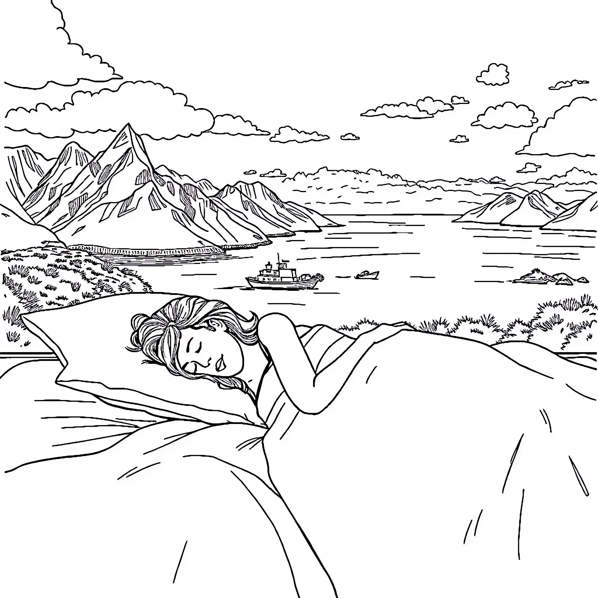 Woman resting in a scenic mountain landscape Coloring Page (free black-and-white line drawing printable PDF for all, from beginners to advanced learners, including children, teens, adults, and seniors)