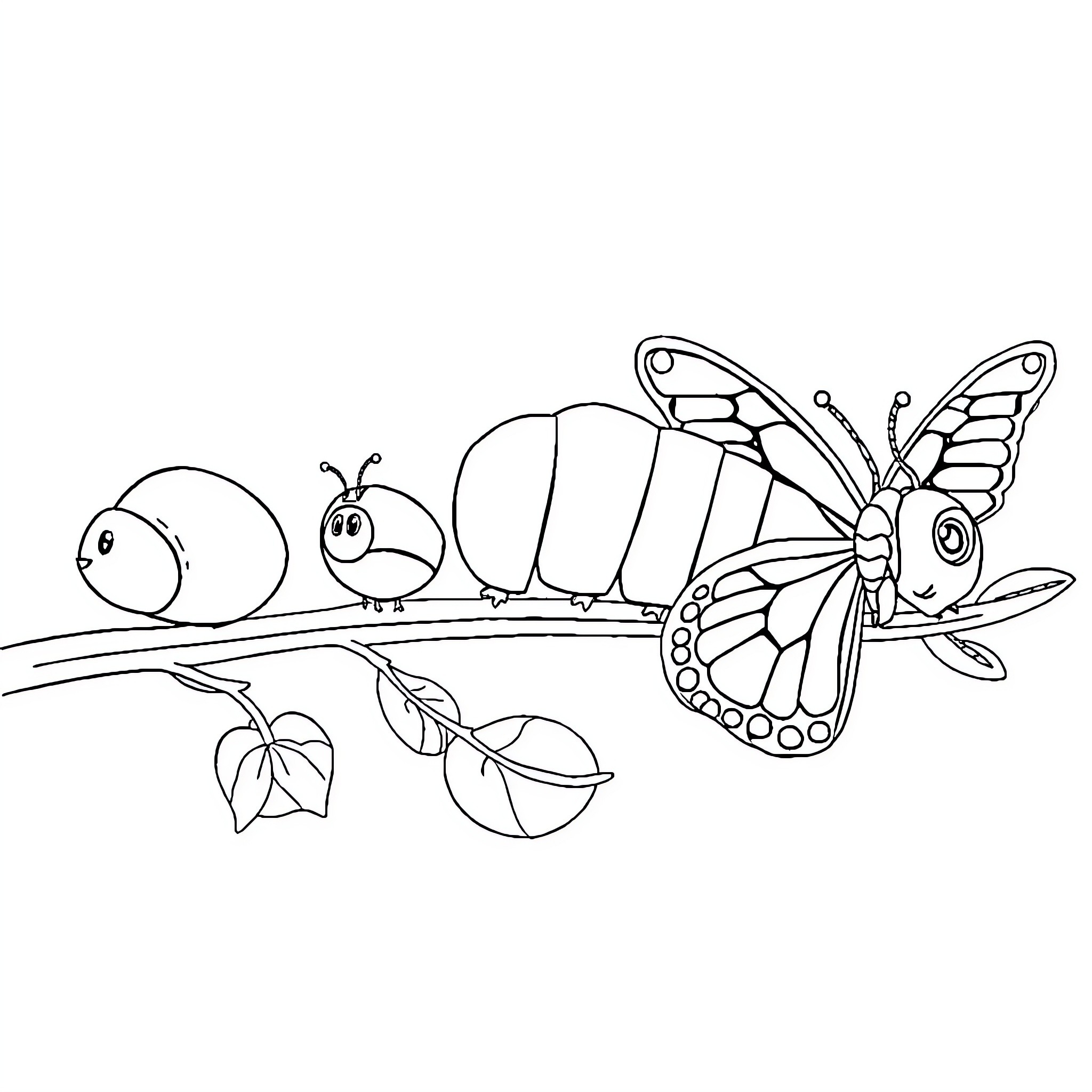 Caterpillar and butterflies on a leafy branch Coloring Page (free black-and-white line drawing printable PDF for all, from beginners to advanced learners, including children, teens, adults, and seniors)