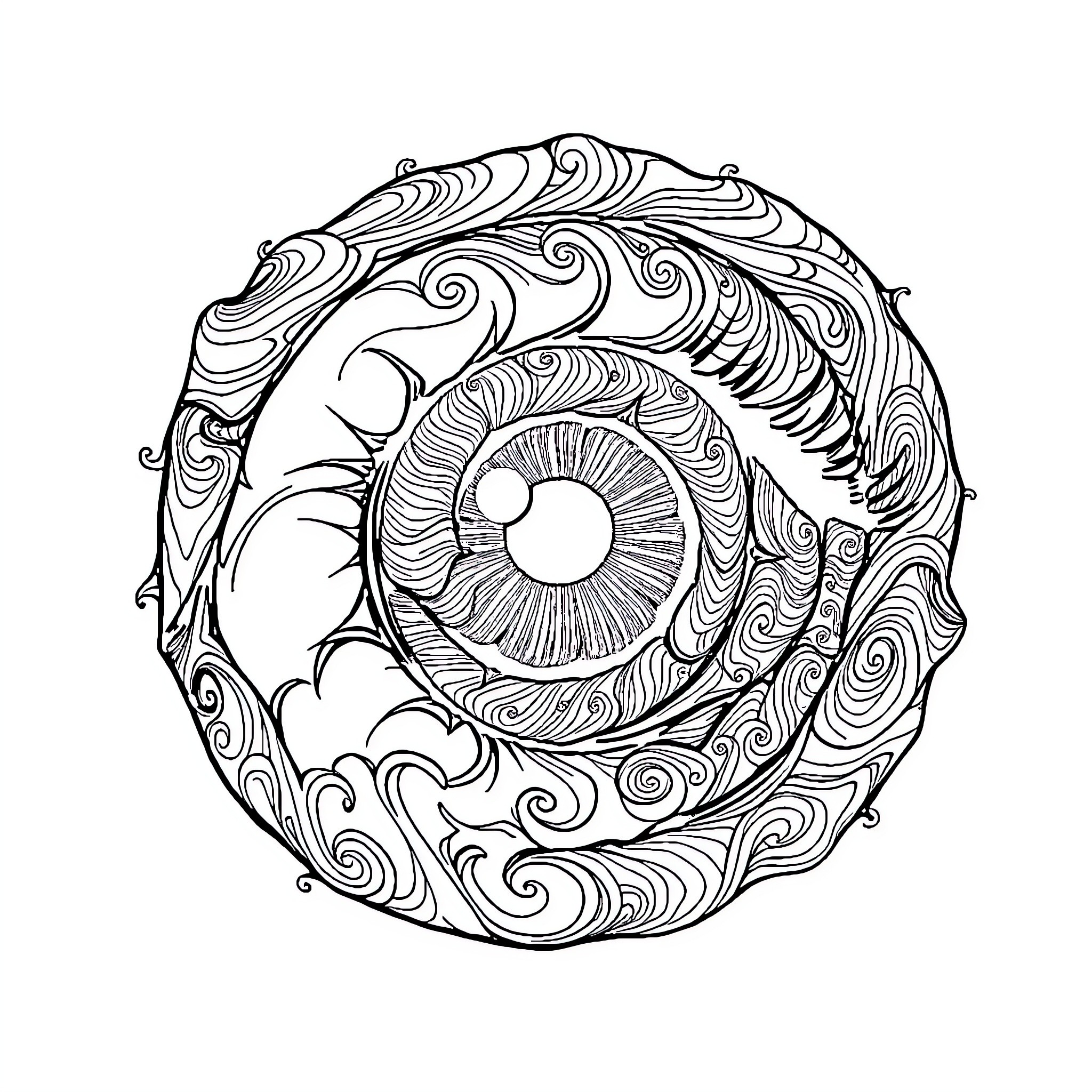 Eye of the Storm: Intricate Patterns and Swirls Coloring Page (free black-and-white line drawing printable PDF for all, from beginners to advanced learners, including children, teens, adults, and seniors)