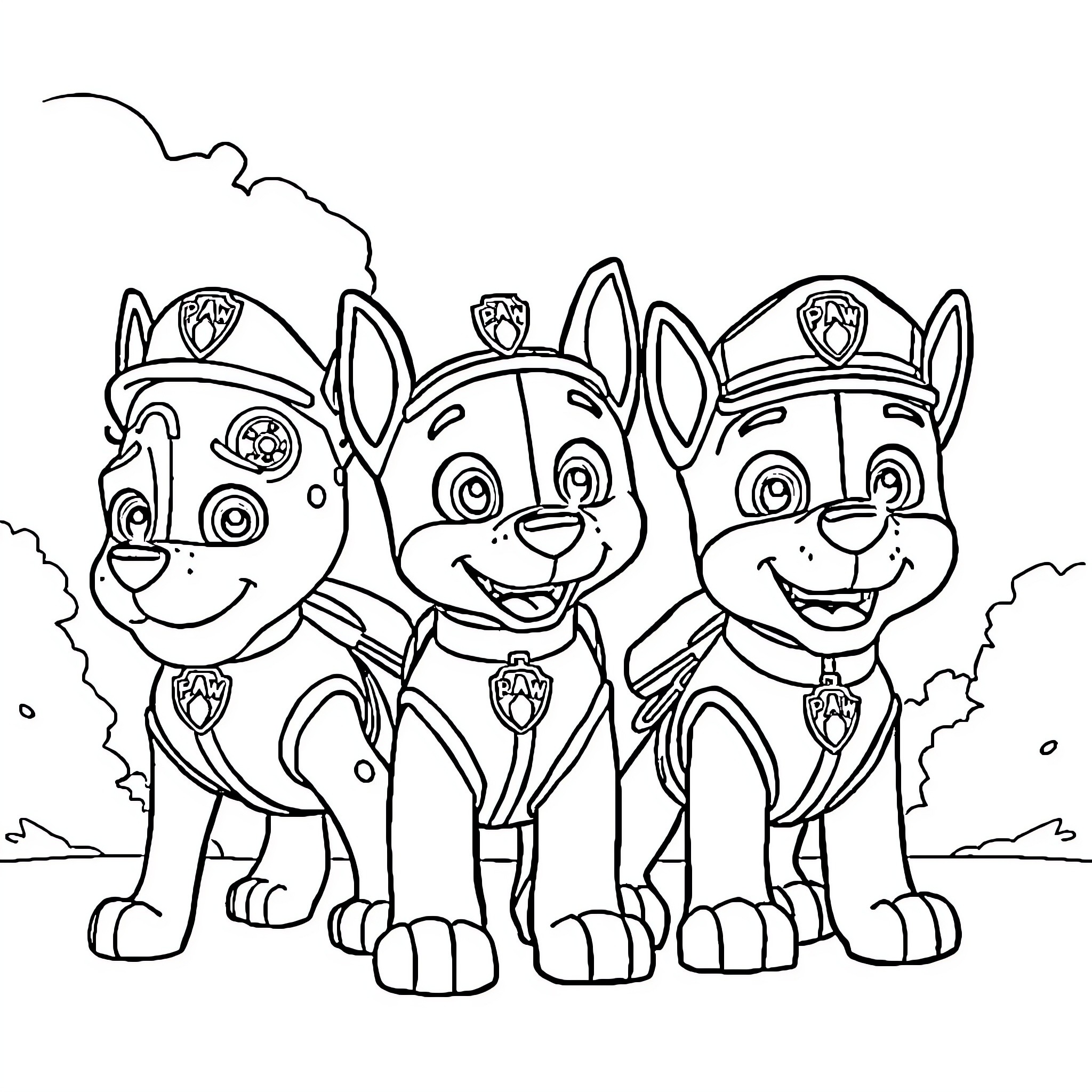 Paw Patrol Pups in Uniform Pose Together Coloring Page (free black-and-white line drawing printable PDF for all, from beginners to advanced learners, including children, teens, adults, and seniors)