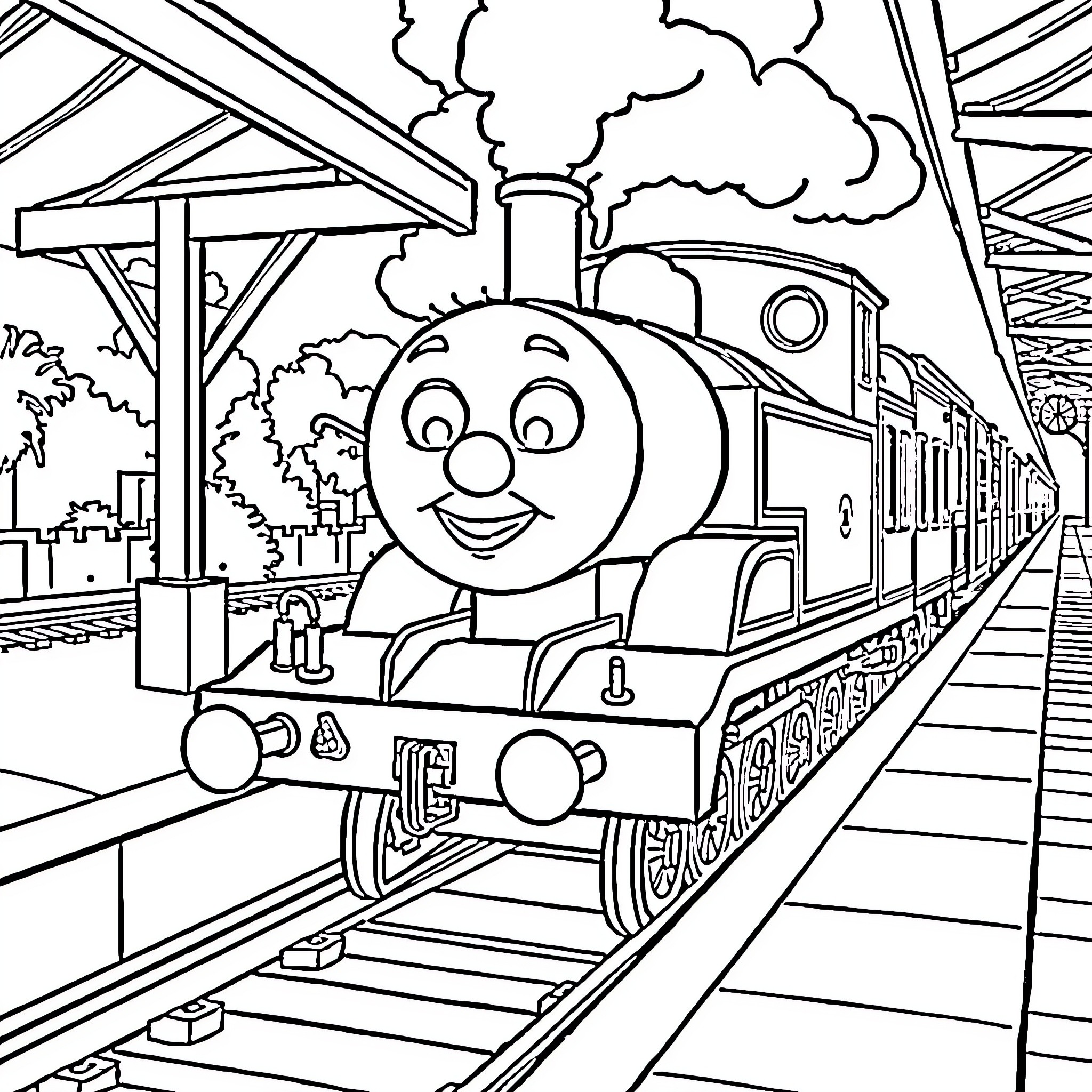 Thomas the Tank Engine's Joyful Adventure Coloring Page (free black-and-white line drawing printable PDF for all, from beginners to advanced learners, including children, teens, adults, and seniors)