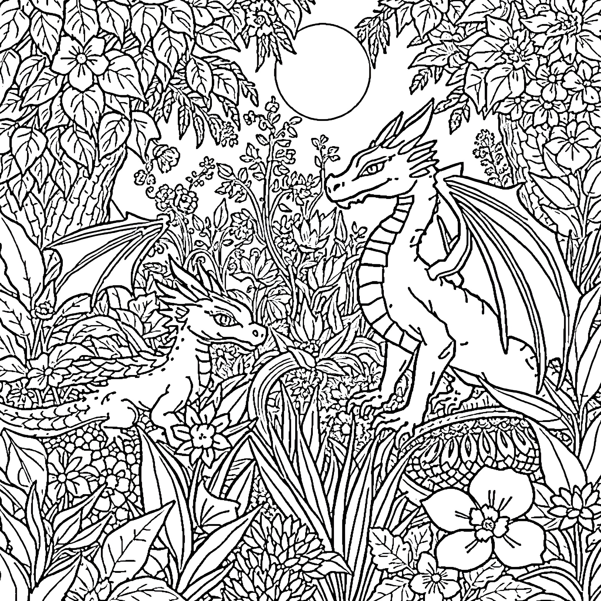 Dragon fantasy creatures in a lush floral landscape Coloring Page (free black-and-white line drawing printable PDF for all, from beginners to advanced learners, including children, teens, adults, and seniors)