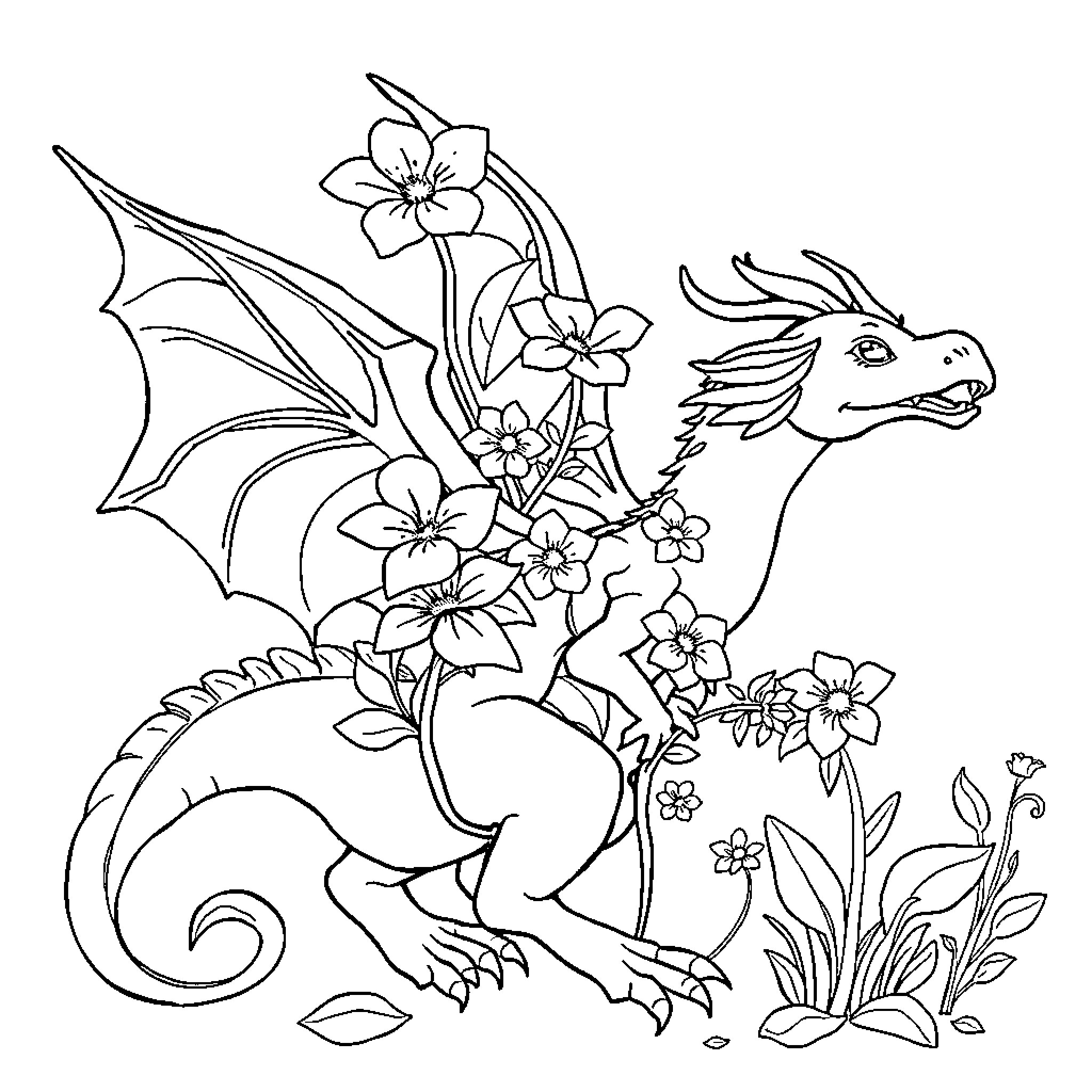 Dragon among Blooming Flowers Coloring Page (free black-and-white line drawing printable PDF for all, from beginners to advanced learners, including children, teens, adults, and seniors)