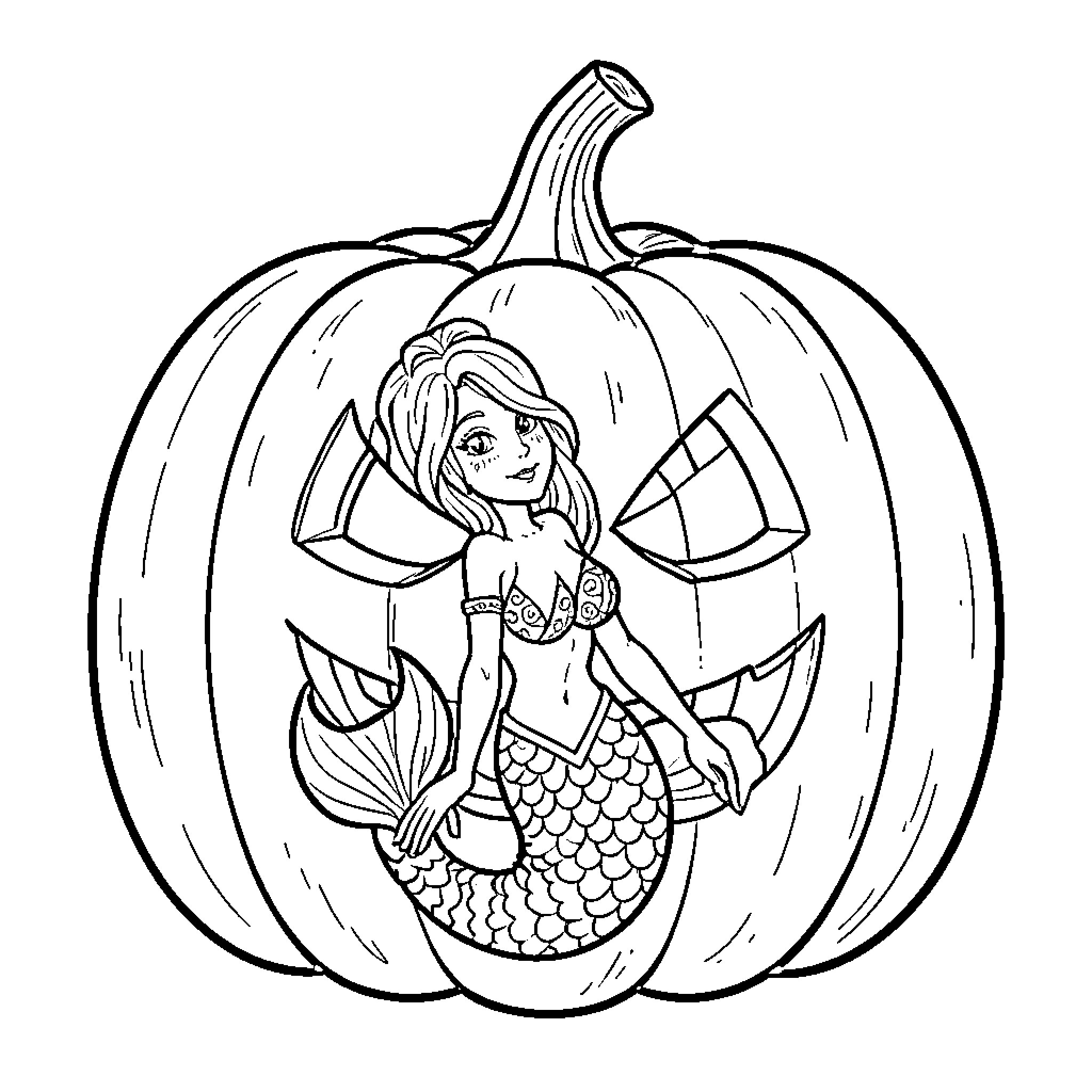 Mermaid peeking out from a carved pumpkin Coloring Page (free black-and-white line drawing printable PDF for all, from beginners to advanced learners, including children, teens, adults, and seniors)