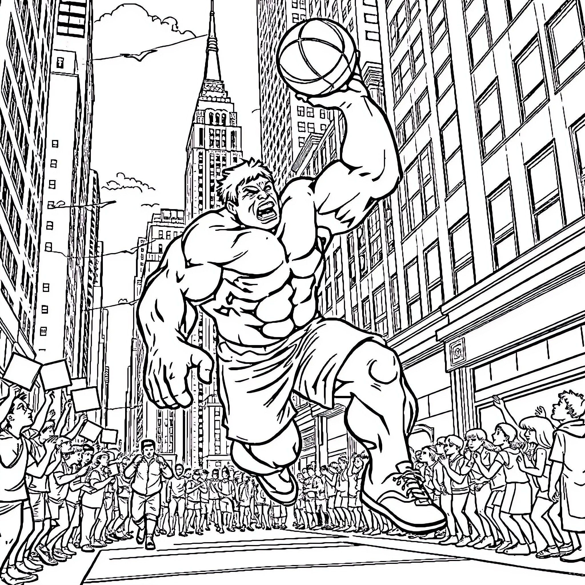 Hulk Smashing Through the City Streets Coloring Page (free black-and-white line drawing printable PDF for all, from beginners to advanced learners, including children, teens, adults, and seniors)