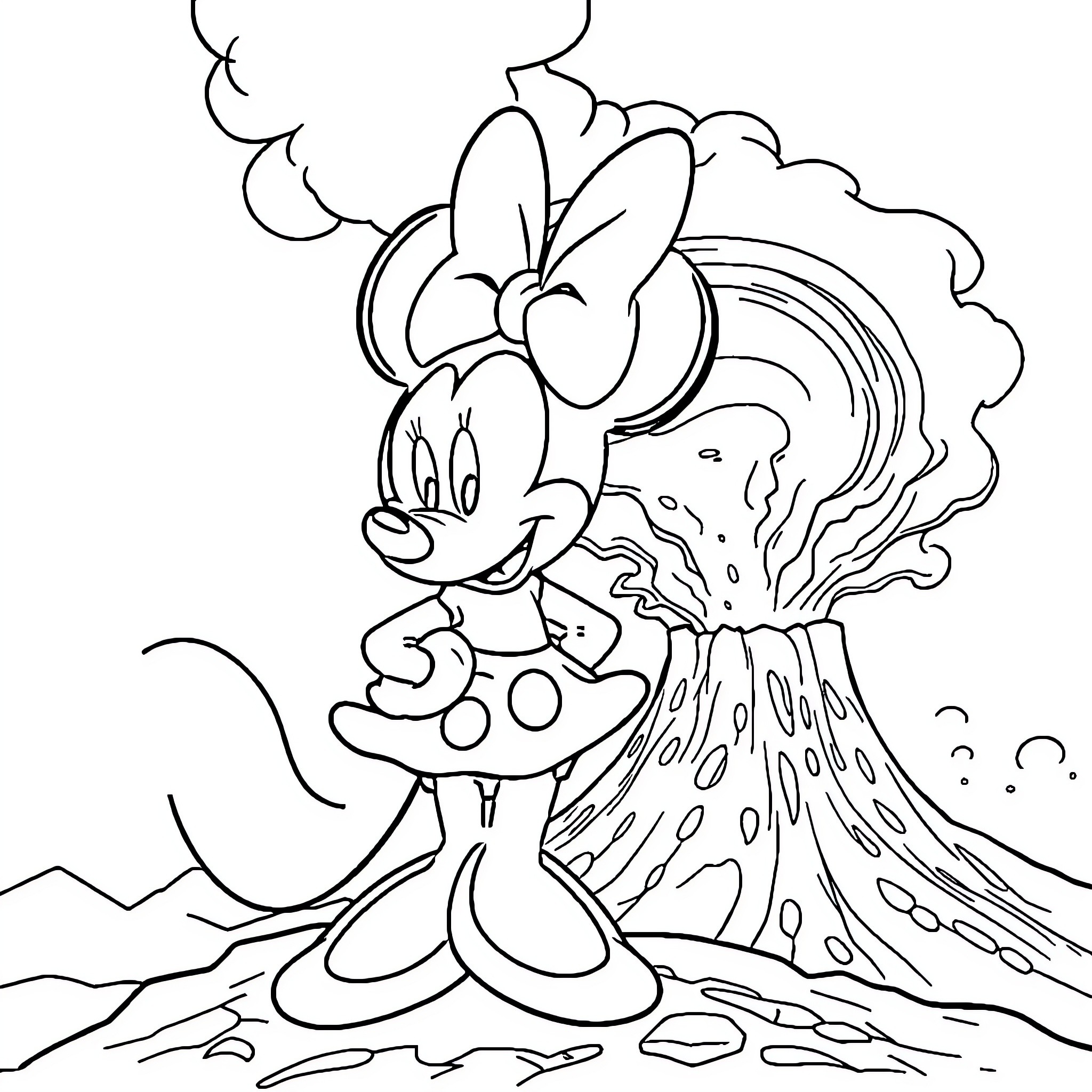 Minnie Mouse enjoying a volcanic eruption Coloring Page (free black-and-white line drawing printable PDF for all, from beginners to advanced learners, including children, teens, adults, and seniors)