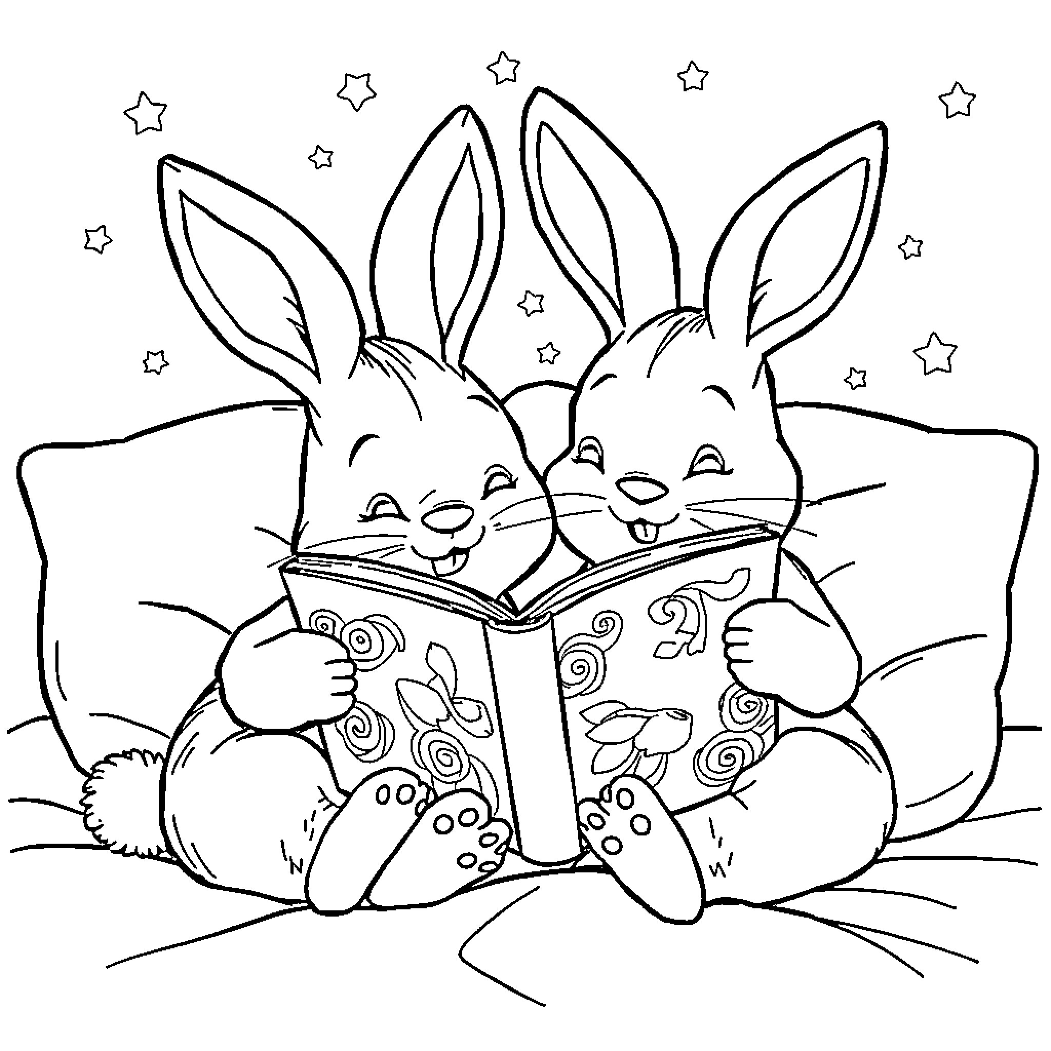 Bunnies reading a book under the stars Coloring Page (free black-and-white line drawing printable PDF for all, from beginners to advanced learners, including children, teens, adults, and seniors)