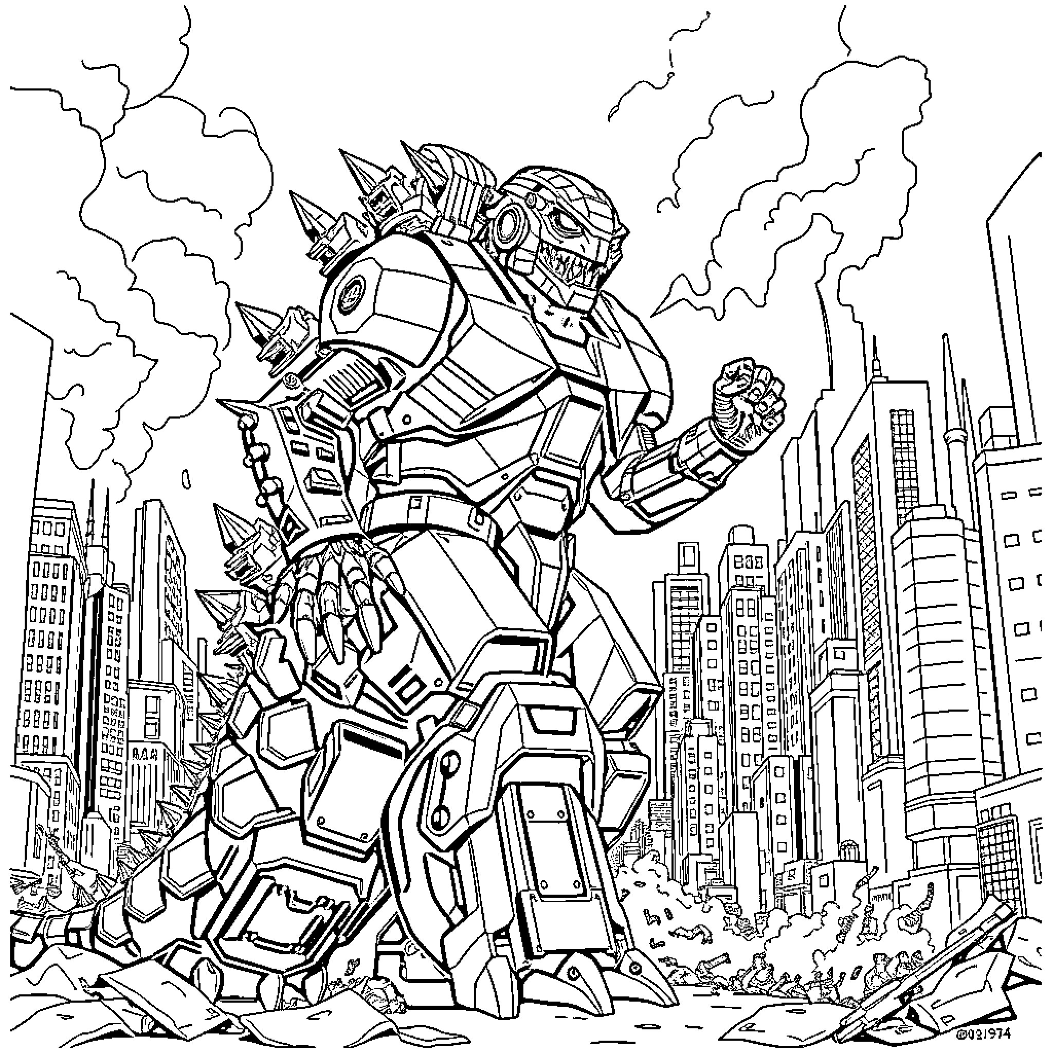 Mechagodzilla rampaging through a futuristic city Coloring Page (free black-and-white line drawing printable PDF for all, from beginners to advanced learners, including children, teens, adults, and seniors)