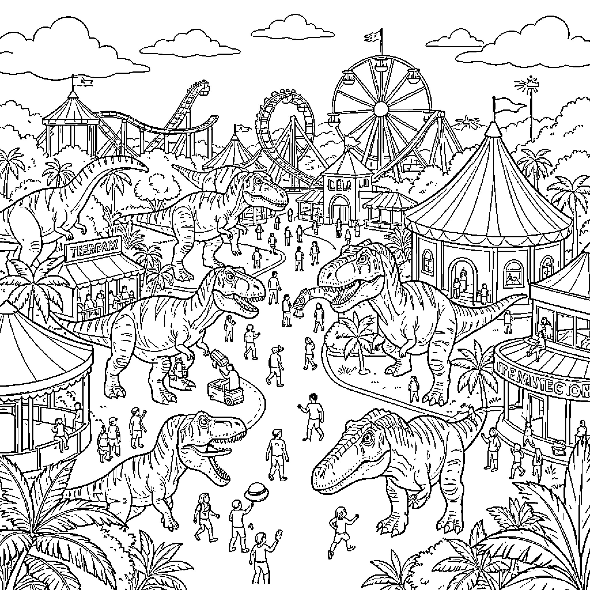 Dinosaur walking through a busy amusement park scene Coloring Page (free black-and-white line drawing printable PDF for all, from beginners to advanced learners, including children, teens, adults, and seniors)