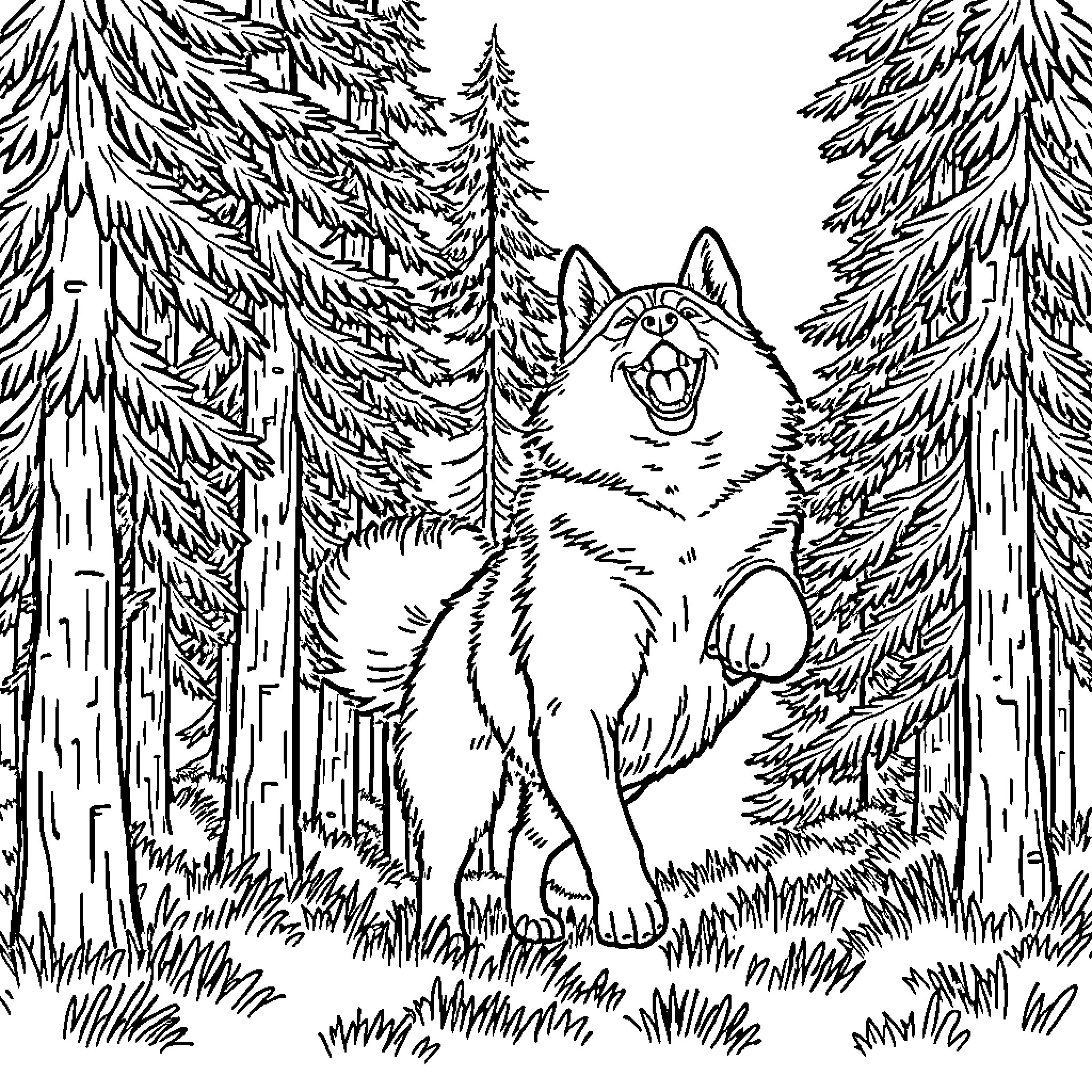 Akita Enjoying the Peaceful Forest Coloring Page (free black-and-white line drawing printable PDF for all, from beginners to advanced learners, including children, teens, adults, and seniors)