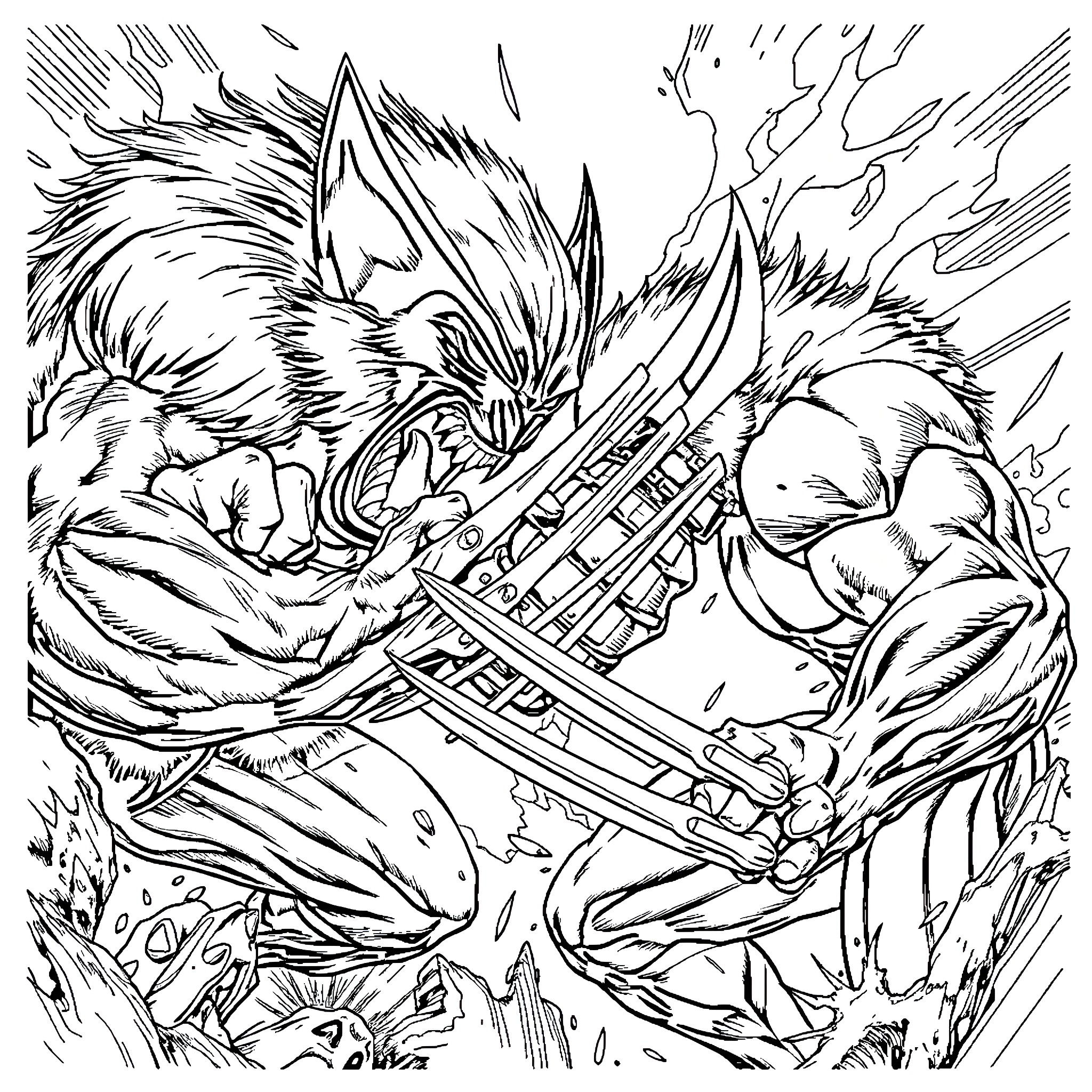 Wolverine's Ferocious Action in Intense Combat Coloring Page (free black-and-white line drawing printable PDF for all, from beginners to advanced learners, including children, teens, adults, and seniors)