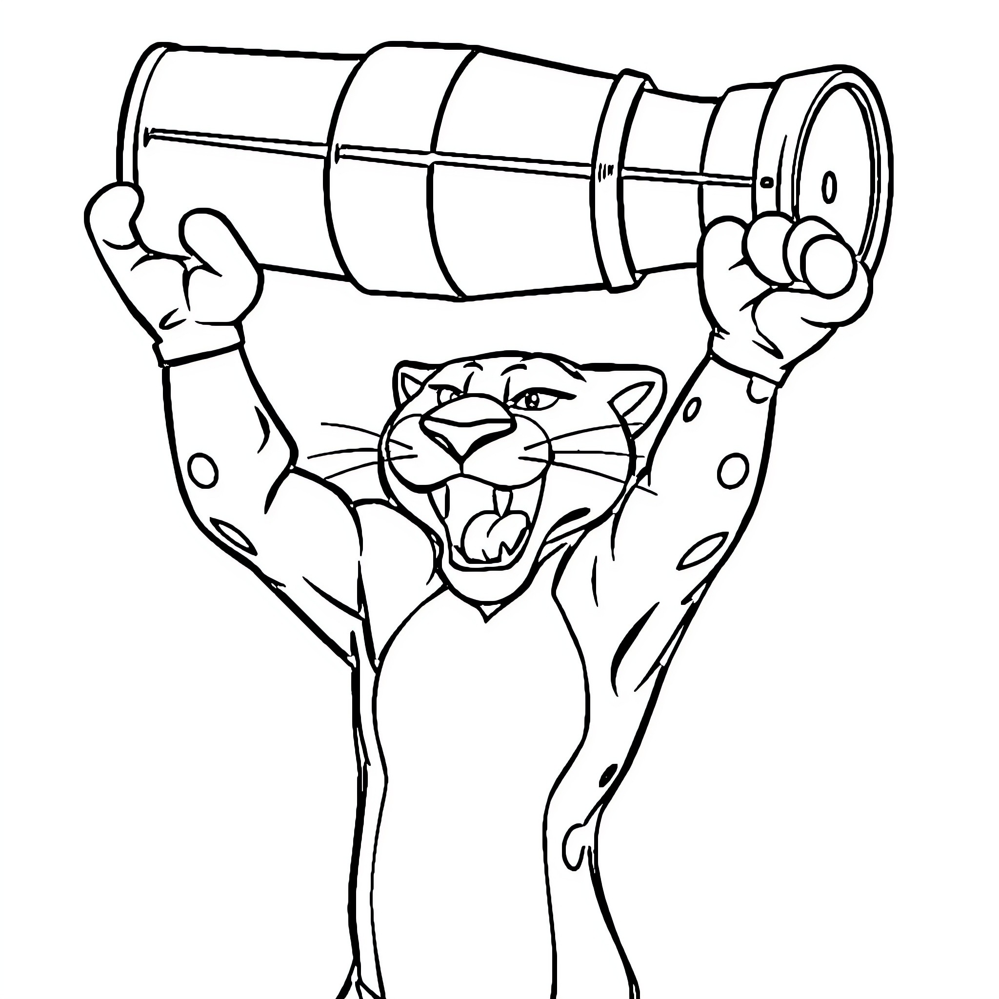 Stanley C Panther roaring with telescope in paws Coloring Page (free black-and-white line drawing printable PDF for all, from beginners to advanced learners, including children, teens, adults, and seniors)