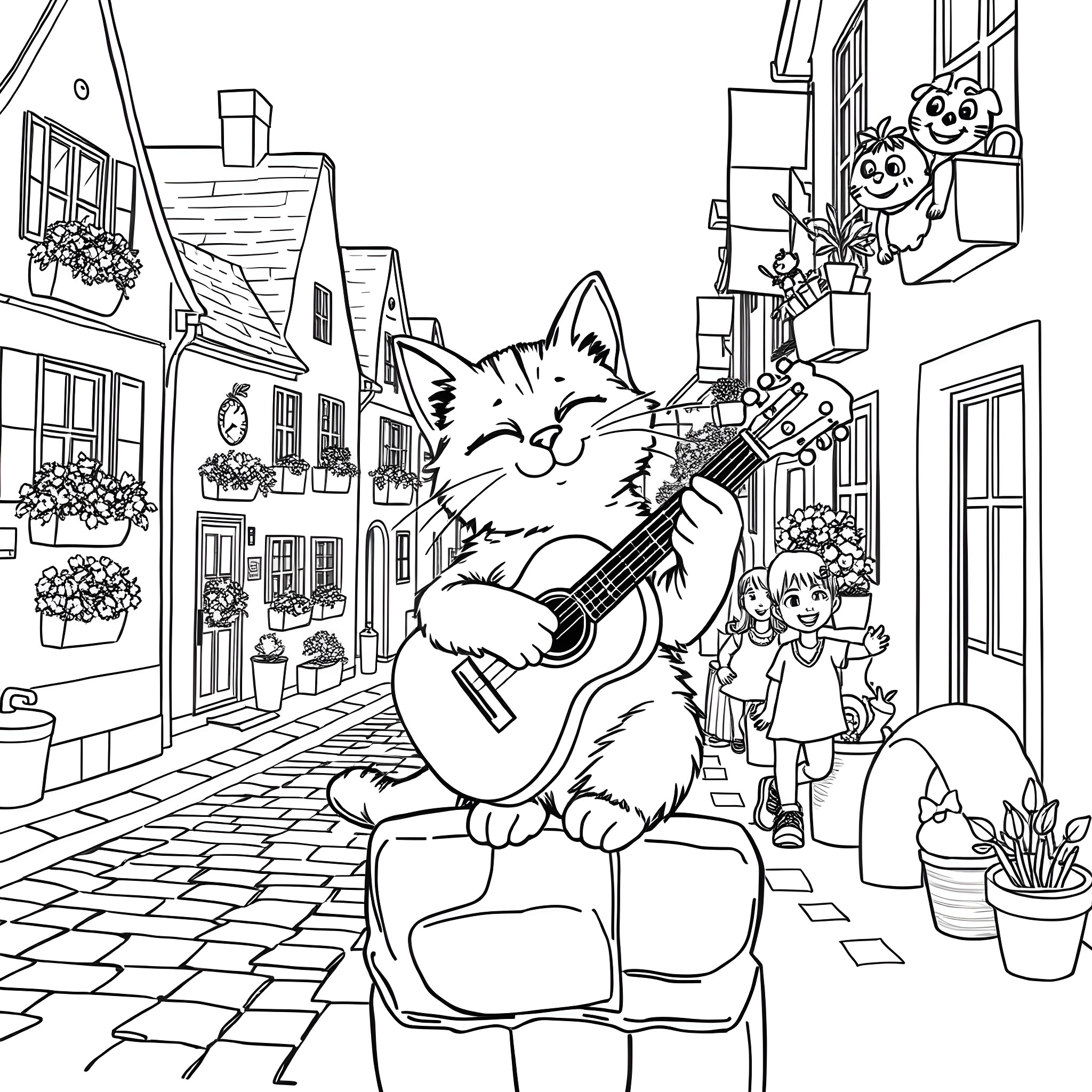 Kitty entertains people on a city street Coloring Page (free black-and-white line drawing printable PDF for all, from beginners to advanced learners, including children, teens, adults, and seniors)