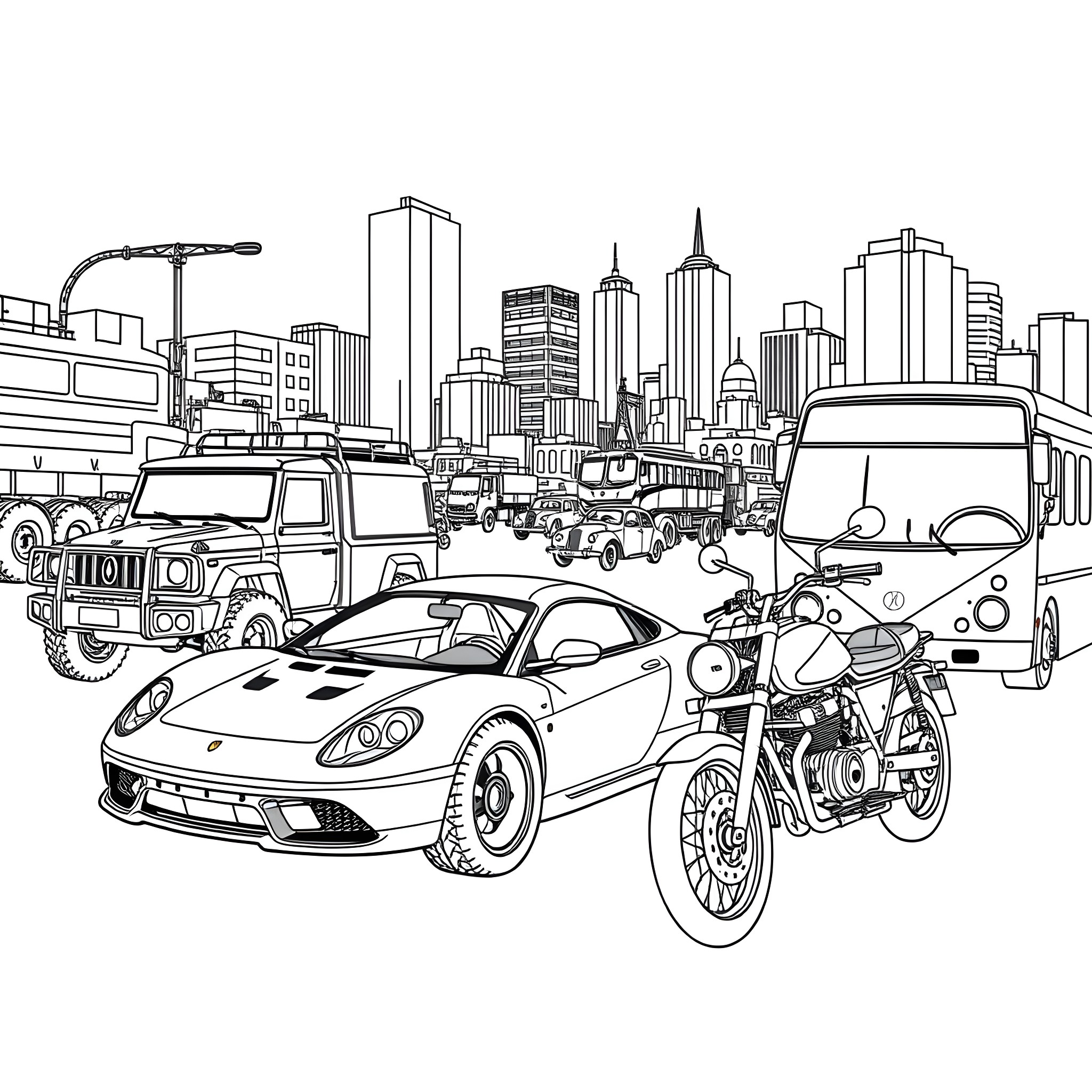 Vehicle Lineup in Urban Cityscape Coloring Page (free black-and-white line drawing printable PDF for all, from beginners to advanced learners, including children, teens, adults, and seniors)