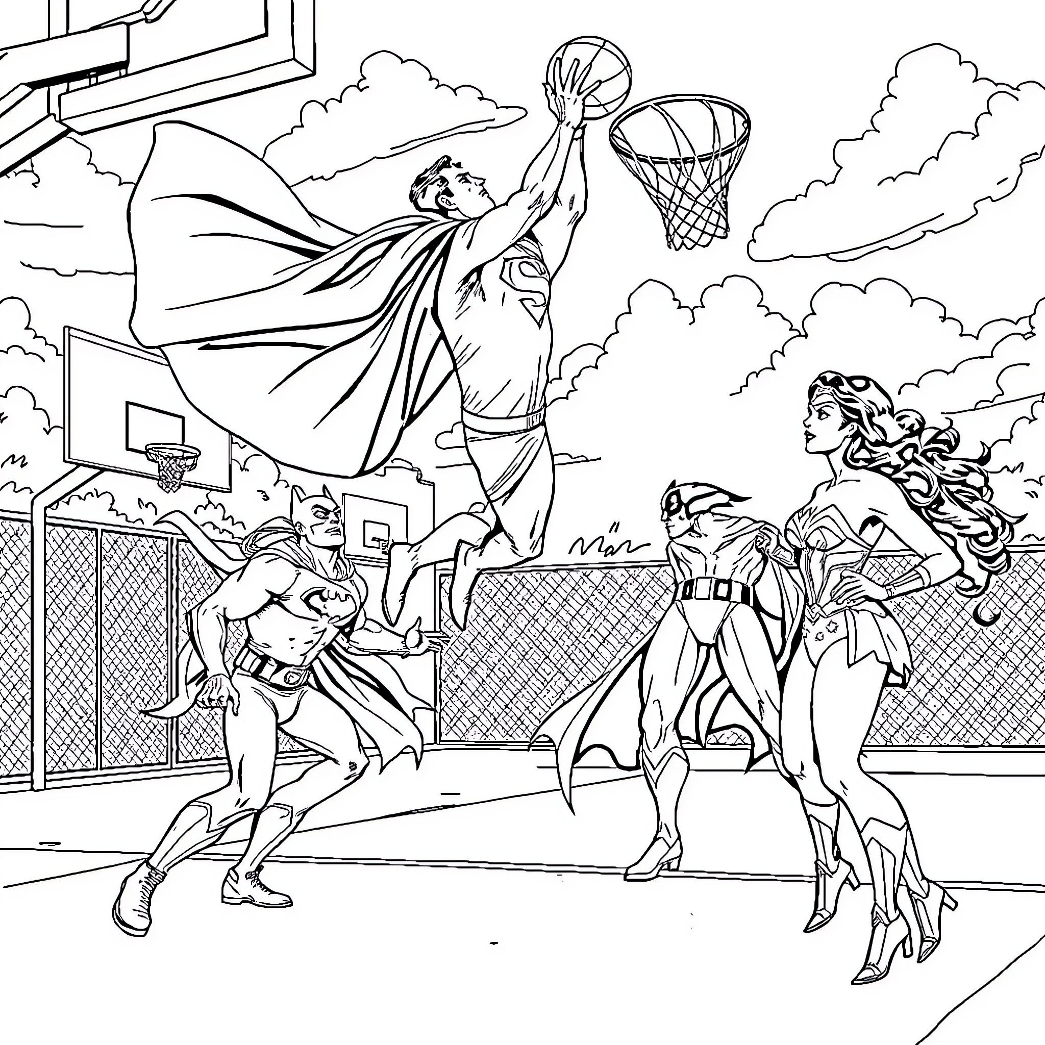 Superhero Basketball Match in the Clouds Coloring Page (free black-and-white line drawing printable PDF for all, from beginners to advanced learners, including children, teens, adults, and seniors)
