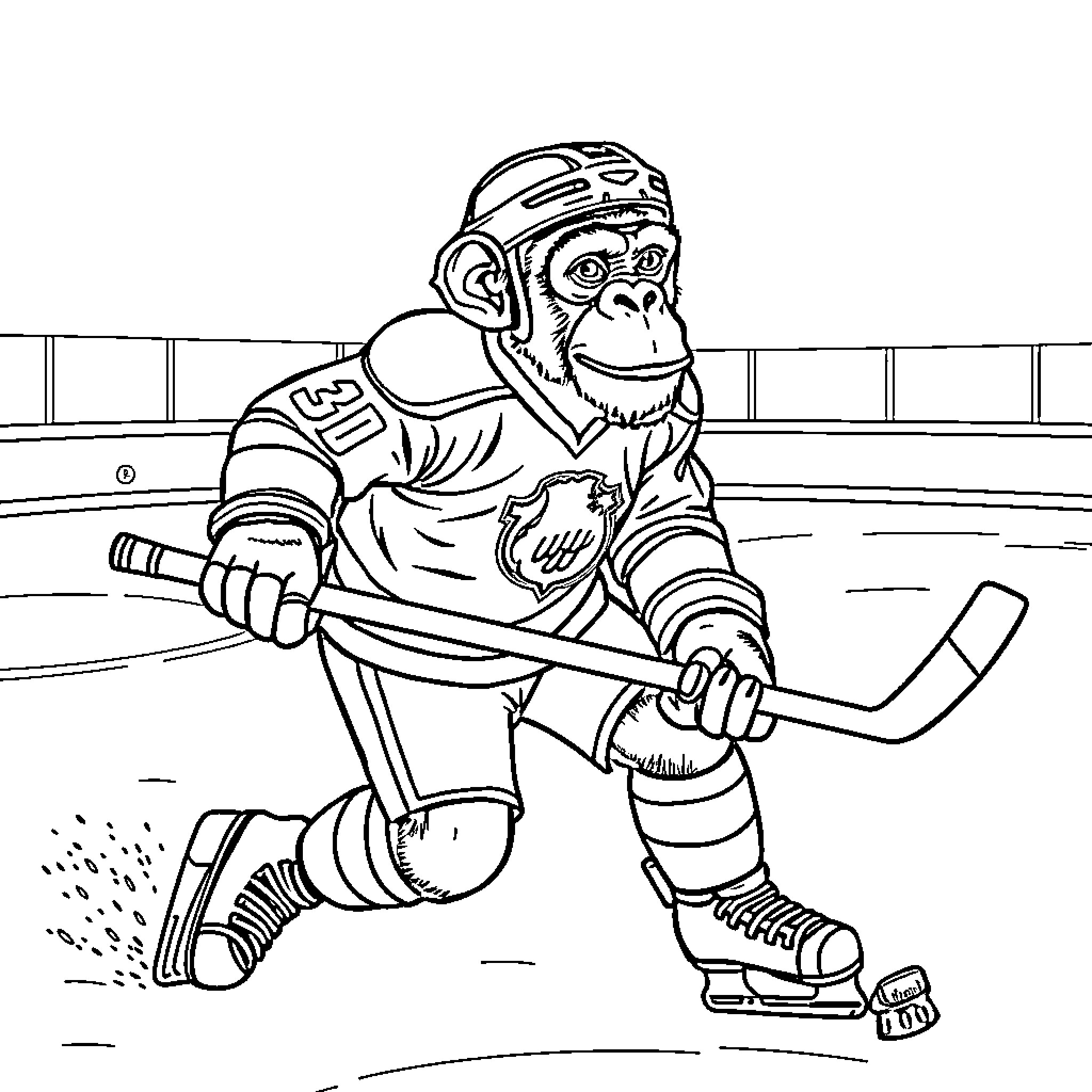 Chimp playing hockey on the ice rink Coloring Page (free black-and-white line drawing printable PDF for all, from beginners to advanced learners, including children, teens, adults, and seniors)