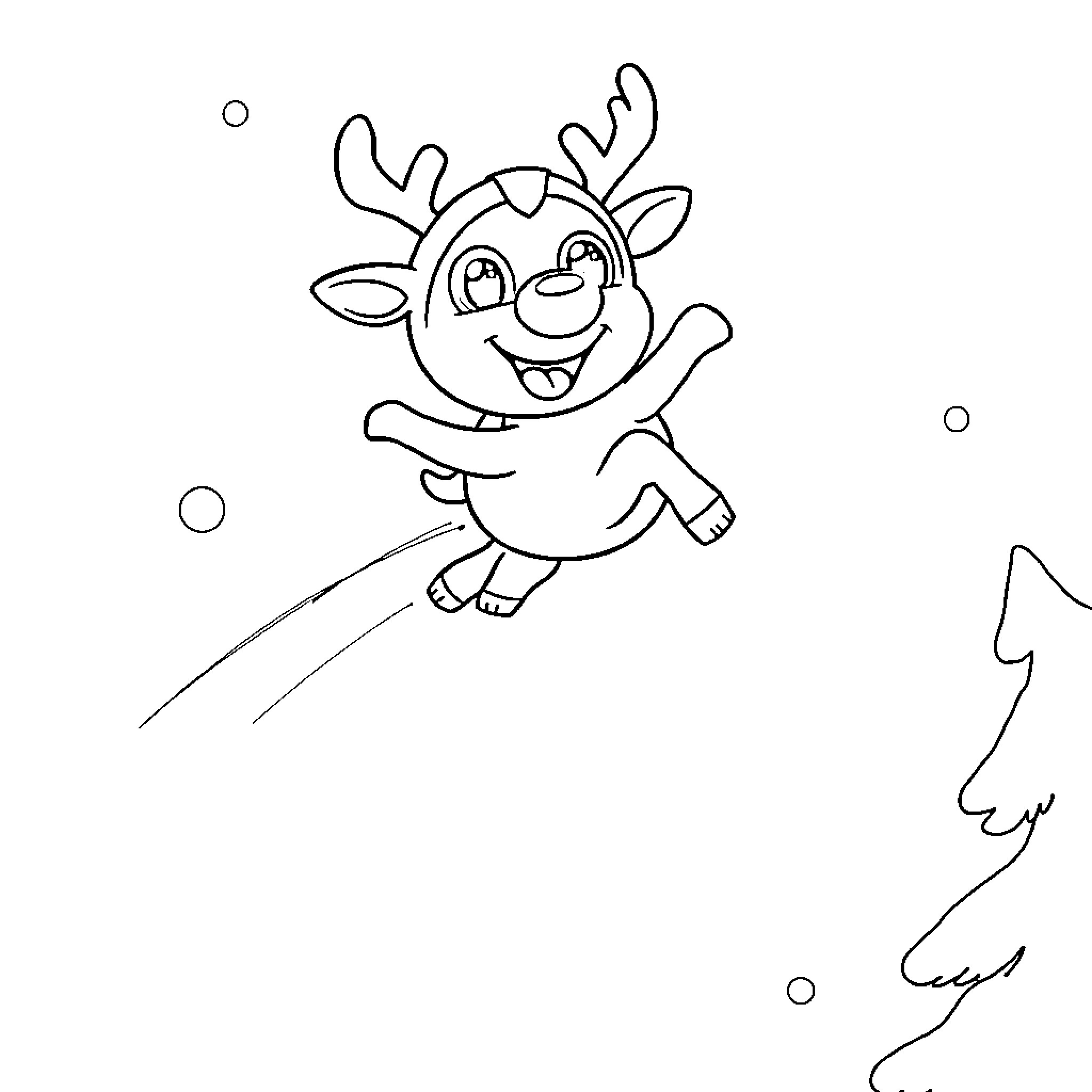 Chopper Reindeer Joyfully Leaping Coloring Page (free black-and-white line drawing printable PDF for all, from beginners to advanced learners, including children, teens, adults, and seniors)