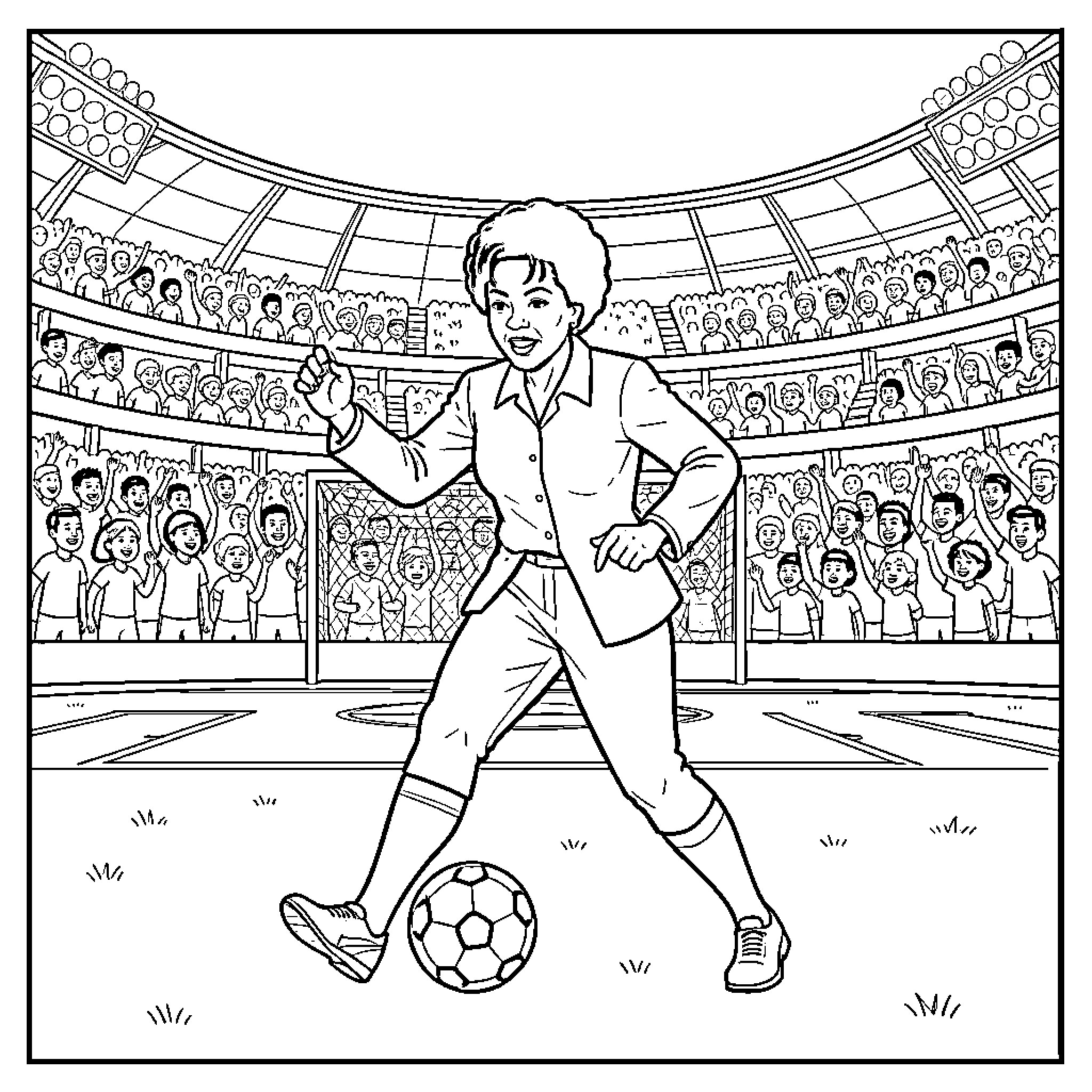 Rosa Parks playing soccer in a crowded stadium Coloring Page (free black-and-white line drawing printable PDF for all, from beginners to advanced learners, including children, teens, adults, and seniors)