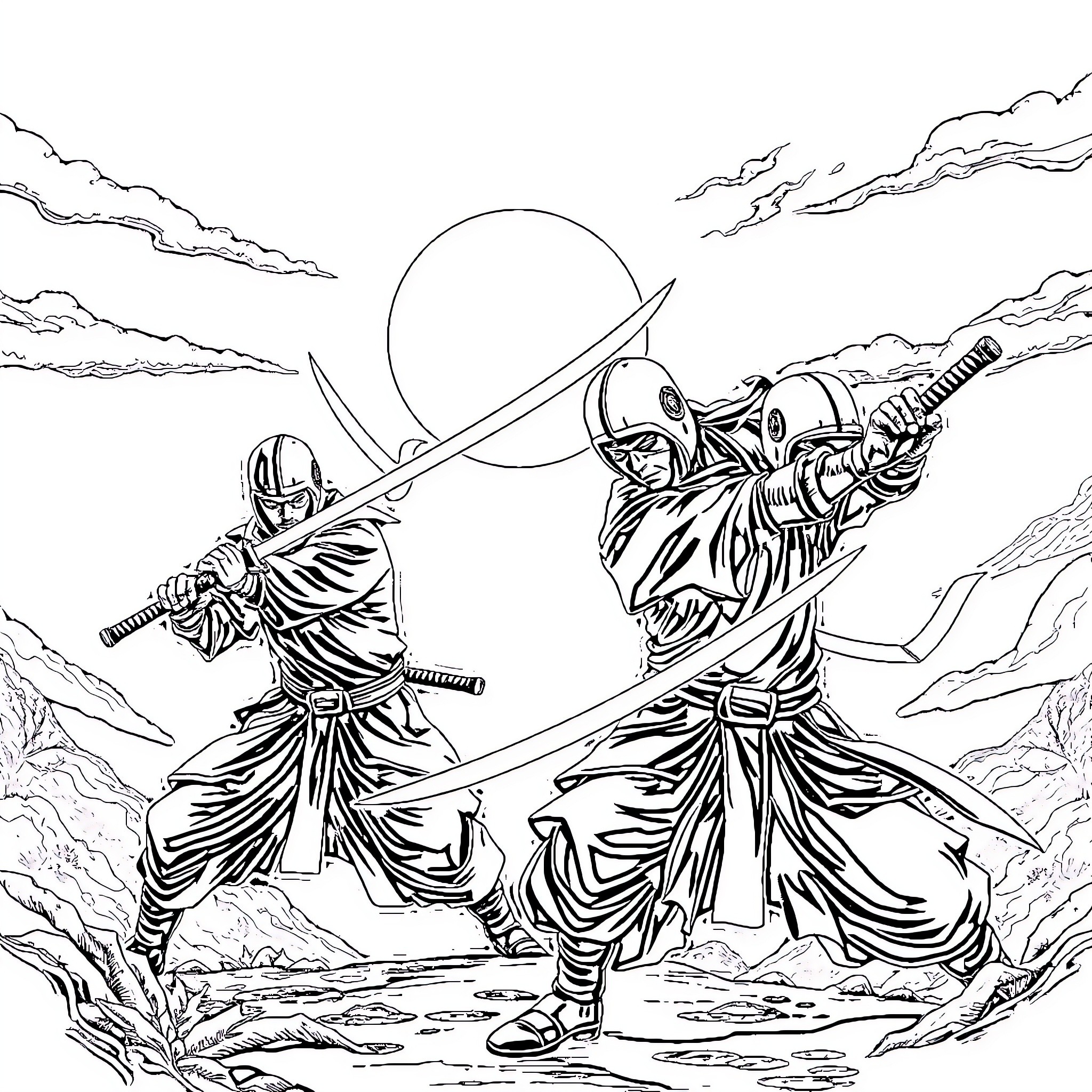 Ninja warriors clashing in fierce combat Coloring Page (free black-and-white line drawing printable PDF for all, from beginners to advanced learners, including children, teens, adults, and seniors)
