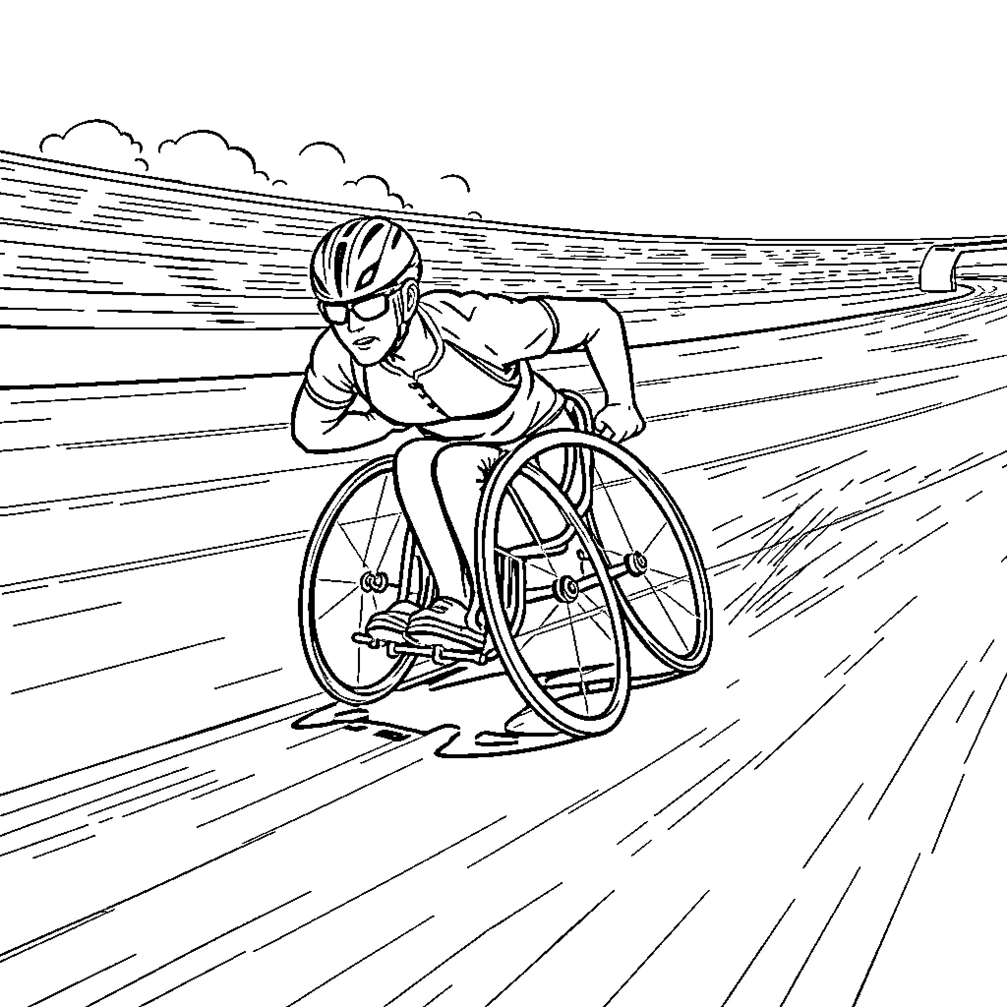 Wheelchair user racing on road Coloring Page (free black-and-white line drawing printable PDF for all, from beginners to advanced learners, including children, teens, adults, and seniors)
