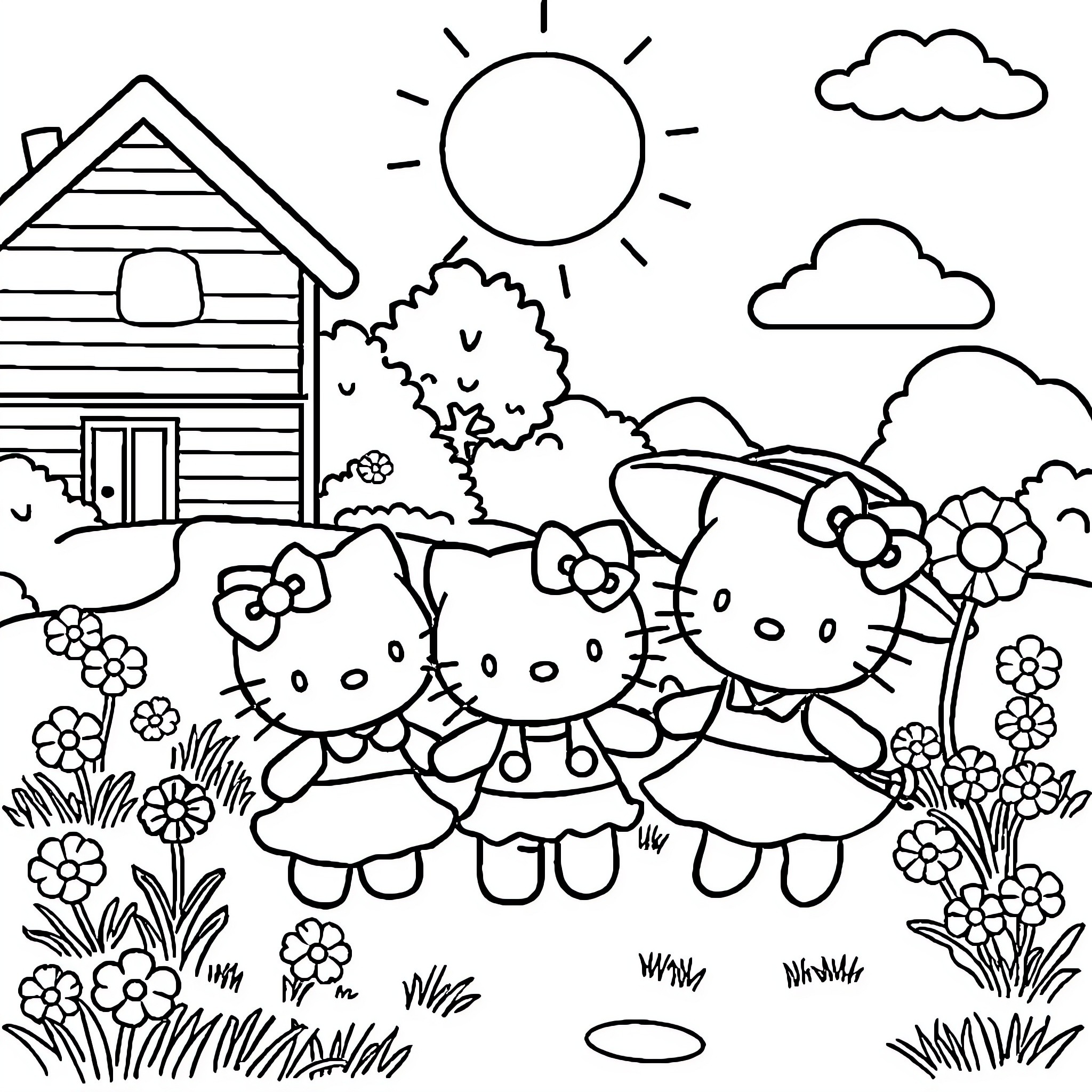 Hello Kitty Enjoying Nature's Beauty Coloring Page (free black-and-white line drawing printable PDF for all, from beginners to advanced learners, including children, teens, adults, and seniors)