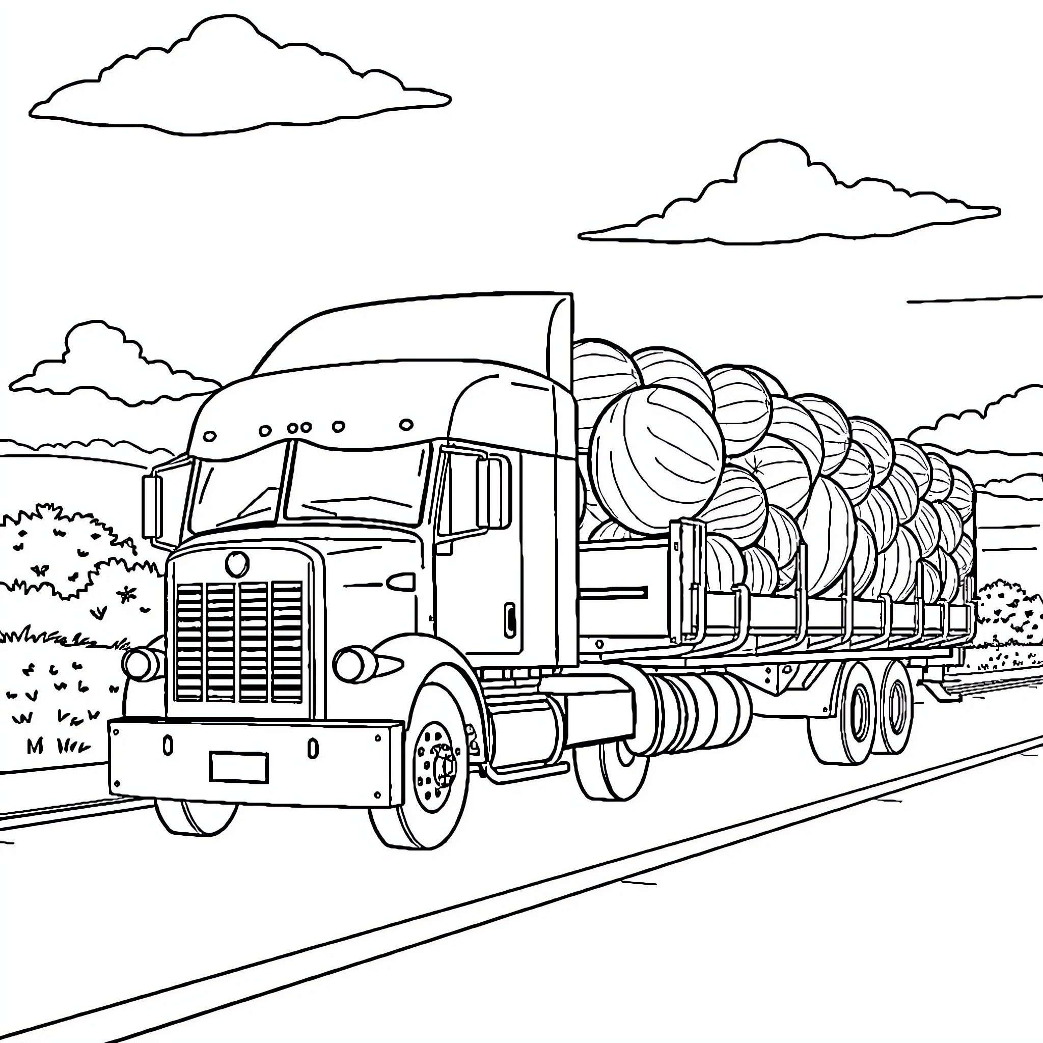 Semi Truck Transporting Large Cylindrical Cargo on Highway Coloring Page (free black-and-white line drawing printable PDF for all, from beginners to advanced learners, including children, teens, adults, and seniors)