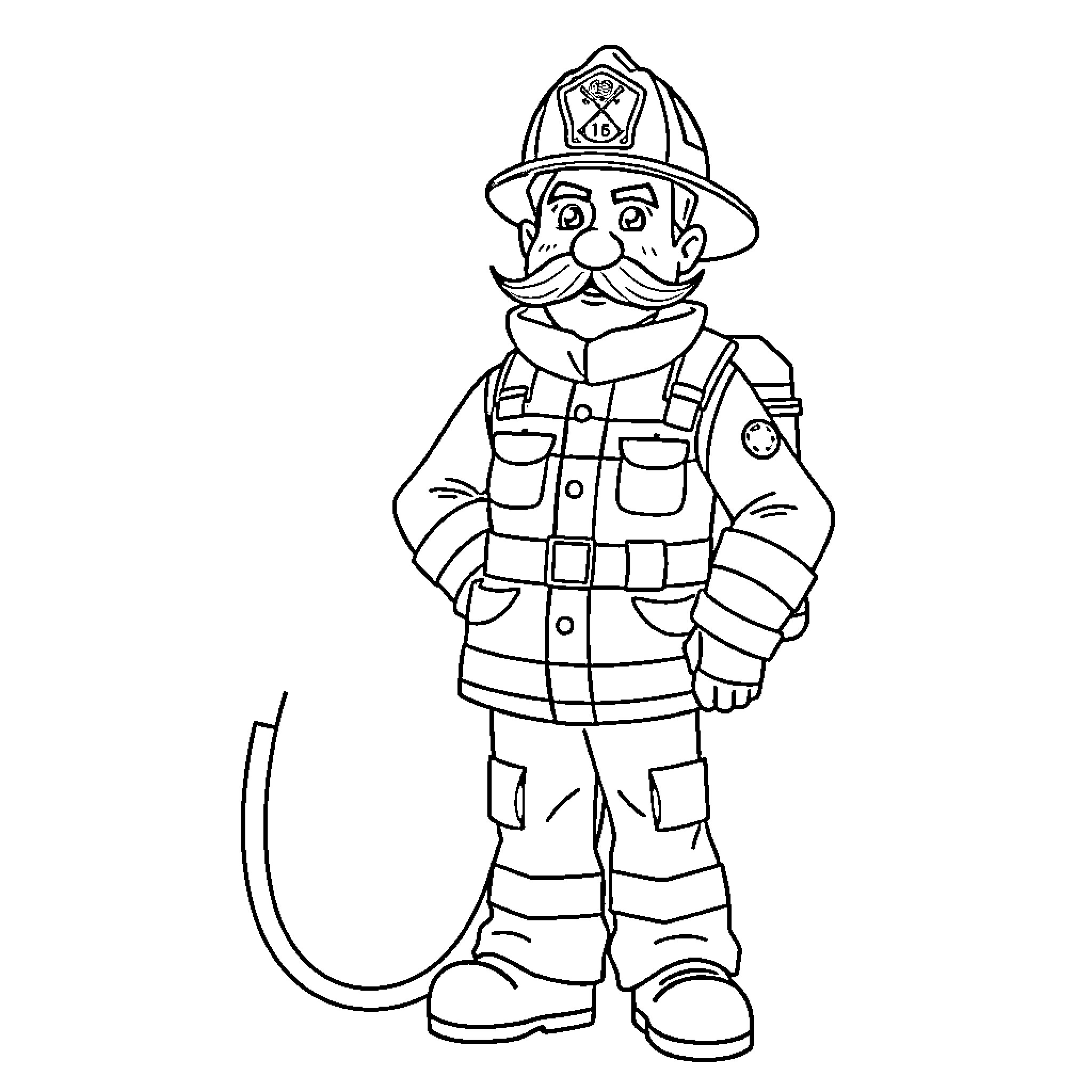 Firefighter in uniform ready to respond Coloring Page (free black-and-white line drawing printable PDF for all, from beginners to advanced learners, including children, teens, adults, and seniors)