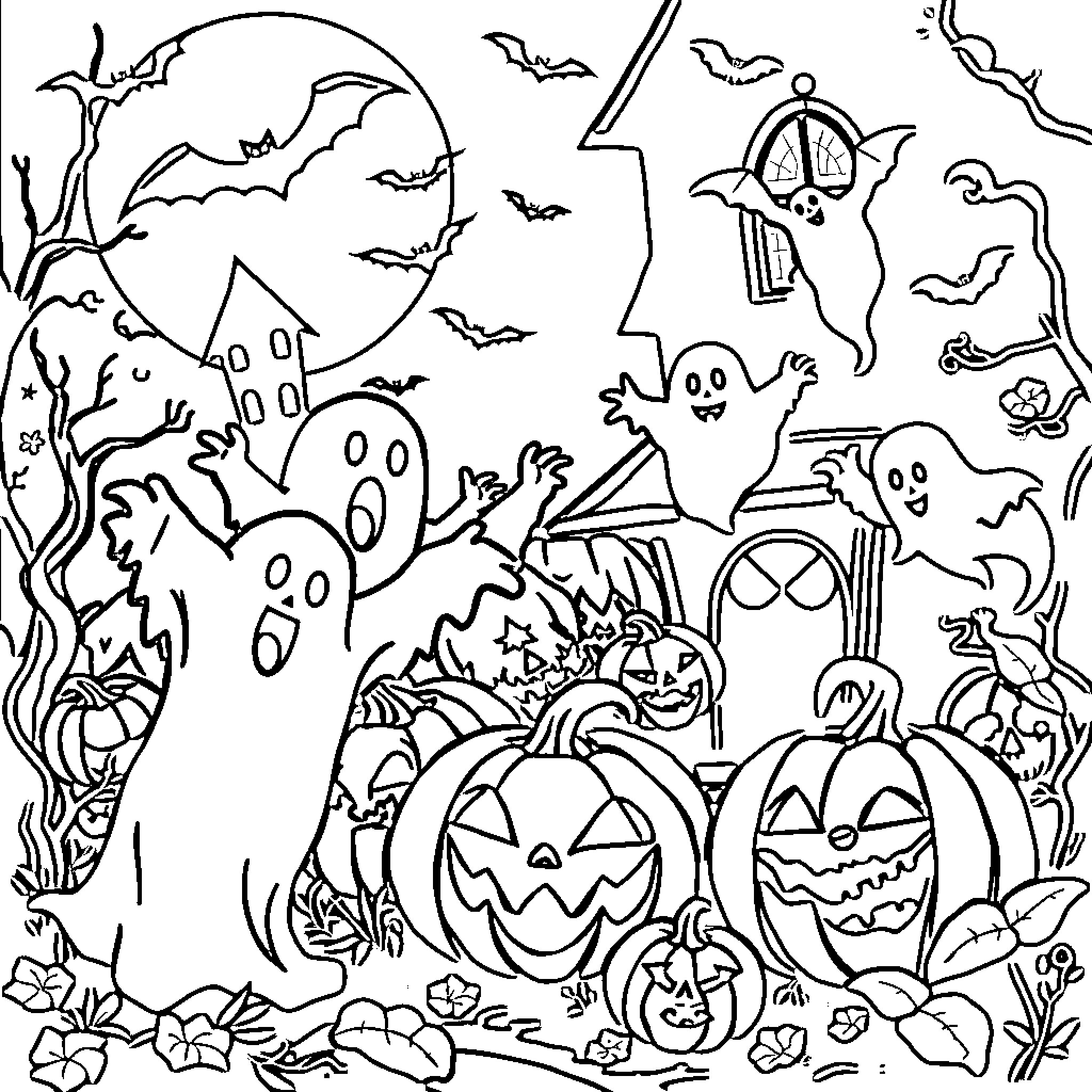 Halloween scene with spooky elements and jack-o'-lanterns Coloring Page (free black-and-white line drawing printable PDF for all, from beginners to advanced learners, including children, teens, adults, and seniors)