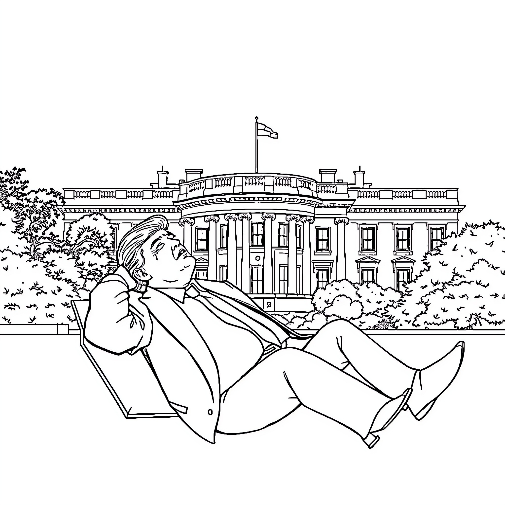 Donald Trump relaxing on the White House lawn Coloring Page (free black-and-white line drawing printable PDF for all, from beginners to advanced learners, including children, teens, adults, and seniors)