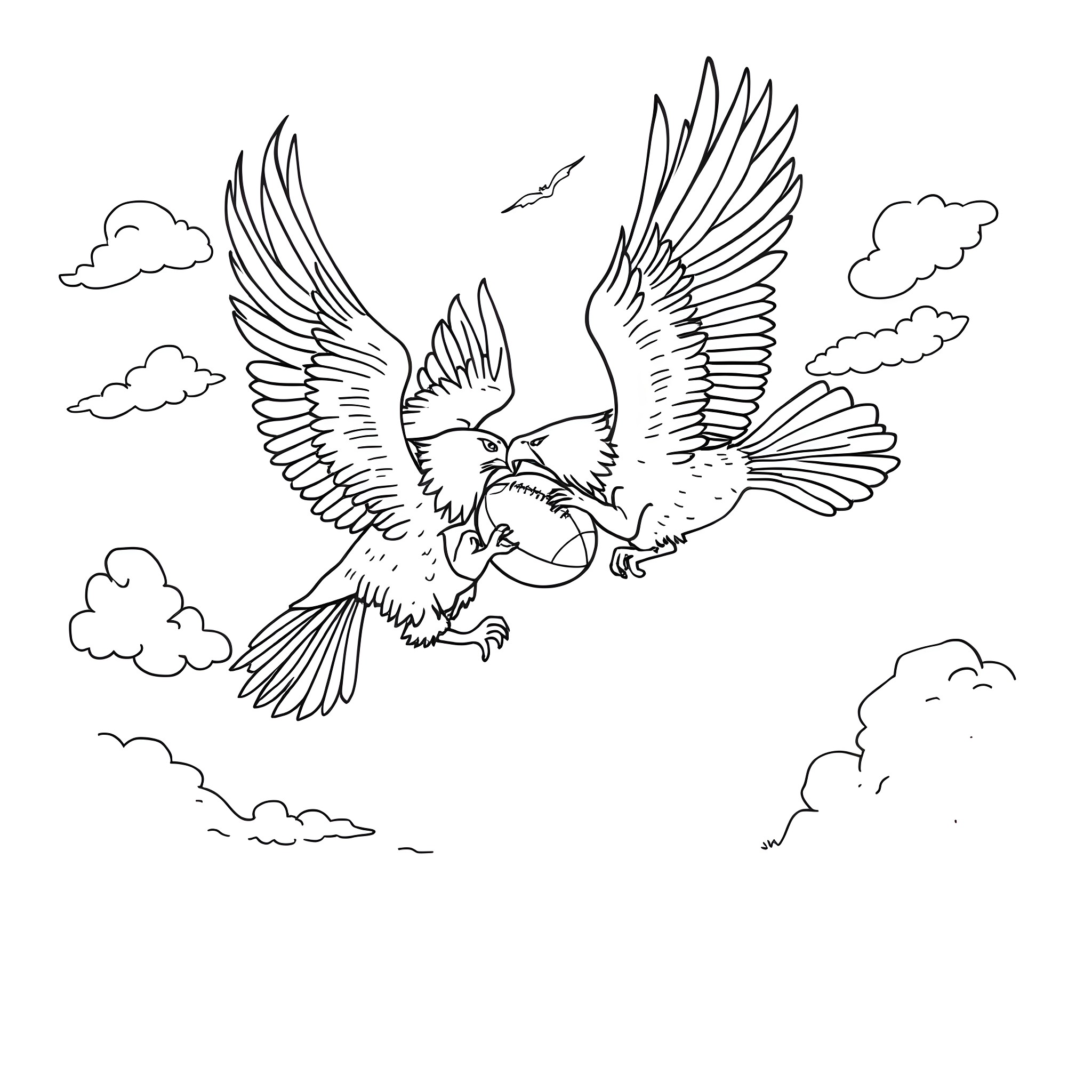 Eagle soaring gracefully through the clouds Coloring Page (free black-and-white line drawing printable PDF for all, from beginners to advanced learners, including children, teens, adults, and seniors)