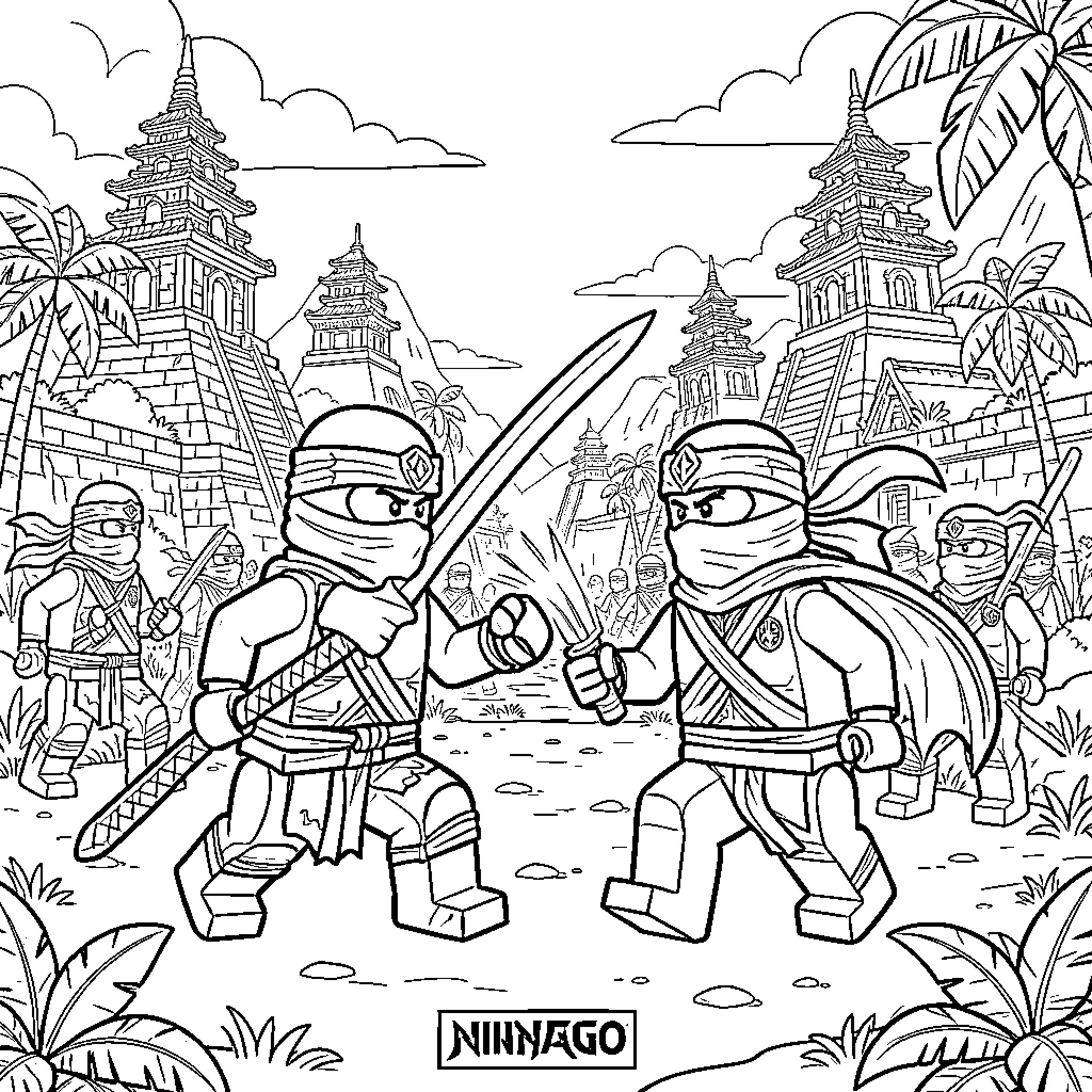 Kai and ninjas battling with swords in a temple Coloring Page (free black-and-white line drawing printable PDF for all, from beginners to advanced learners, including children, teens, adults, and seniors)